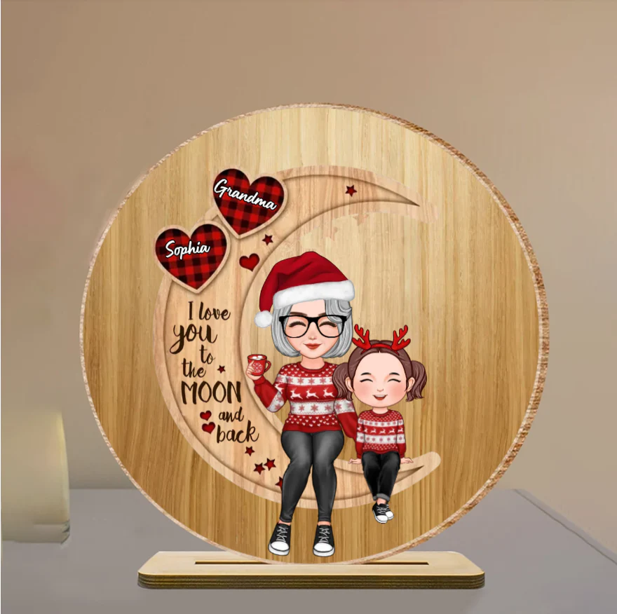 Christmas - Cute Grandma & Grandkid Sitting On Moon - Personalized Pillow or Ornament or Keychain or Plaque or Sign - Image 7