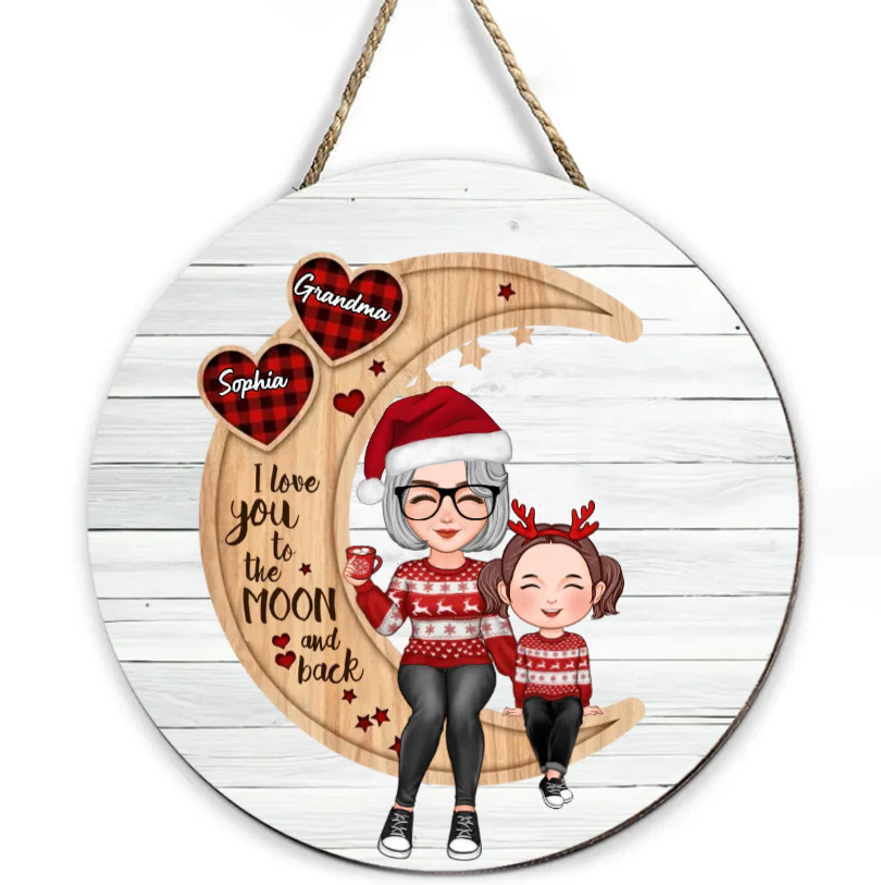 Christmas - Cute Grandma & Grandkid Sitting On Moon - Personalized Pillow or Ornament or Keychain or Plaque or Sign - Image 9