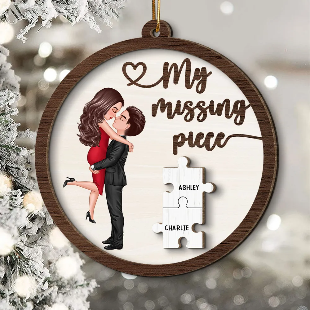 My Missing Piece Couple Hugging Kissing Personalized 2-Layer Wooden Ornament or Plaque or Keychain or Cup - Image 2