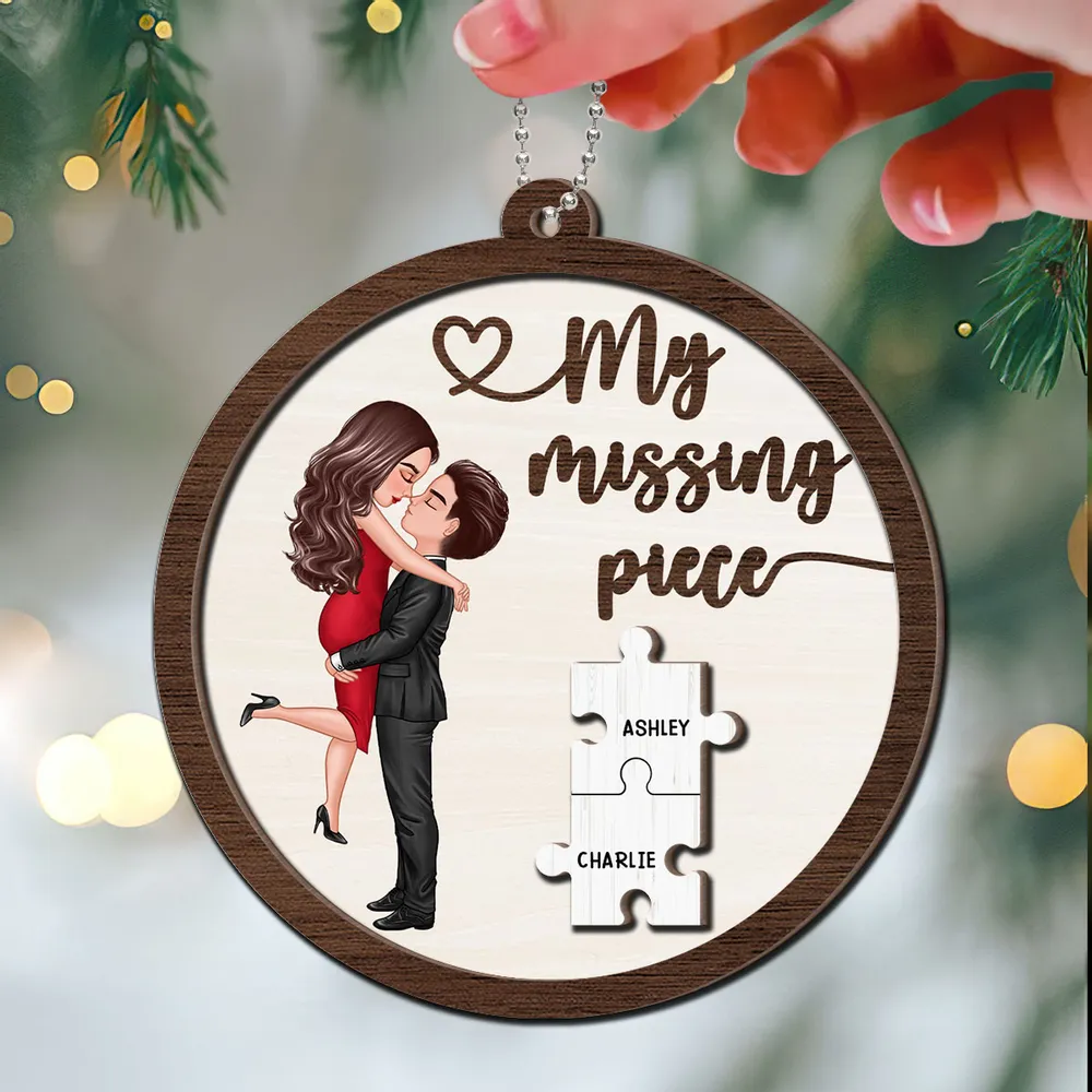 My Missing Piece Couple Hugging Kissing Personalized 2-Layer Wooden Ornament or Plaque or Keychain or Cup - Image 3