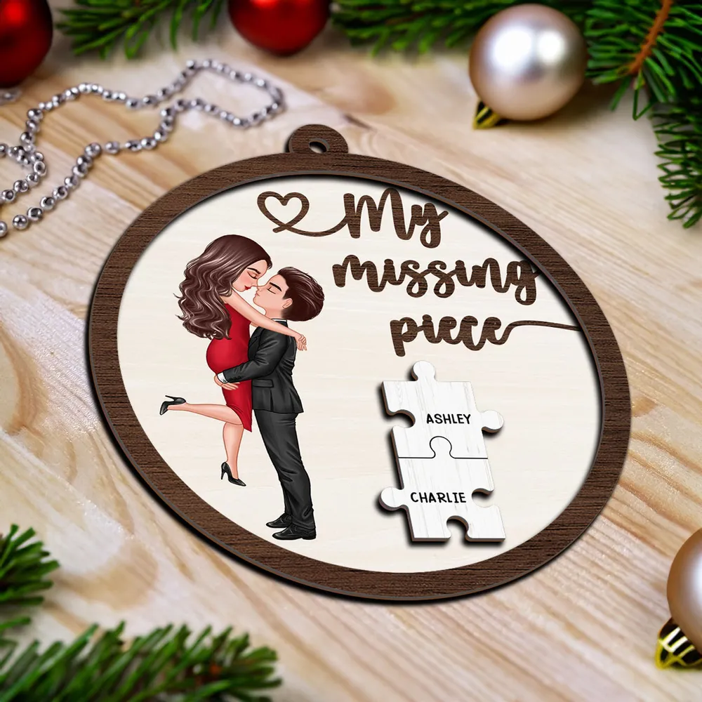 My Missing Piece Couple Hugging Kissing Personalized 2-Layer Wooden Ornament or Plaque or Keychain or Cup - Image 4