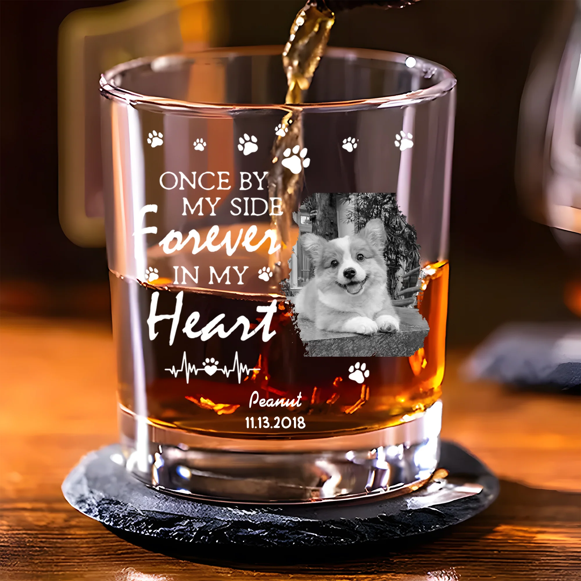 Personalized Pet Memorial Whiskey Glsses, "Forever in My Heart" Custom Keepsake with Photo and Name