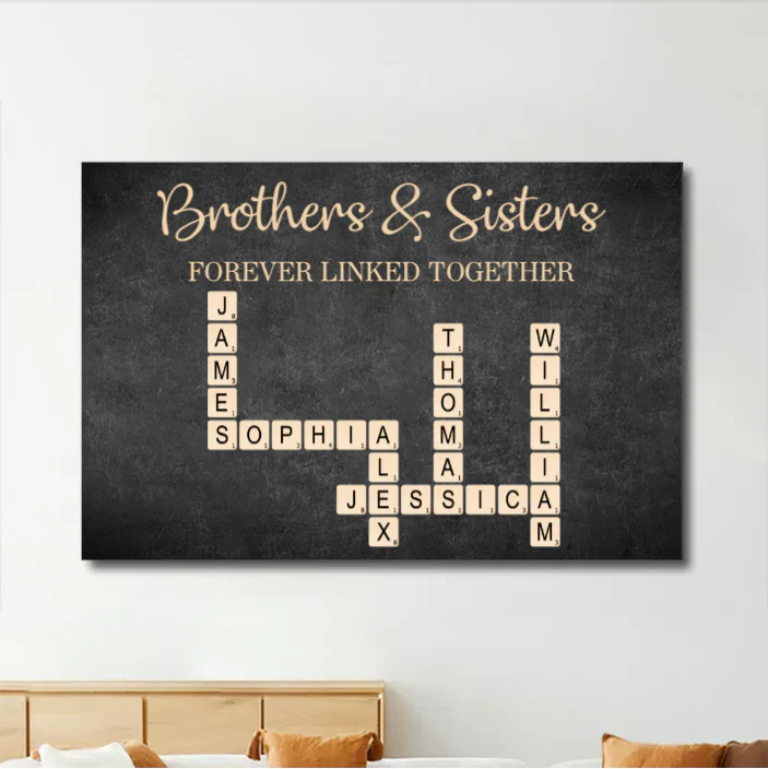 Brothers & Sisters Forever Linked Together Crossword Puzzle Art Personalized Poster or Plaque or Keychain or Orament or Cup, Gift For Siblings, Family, Brother - Image 2