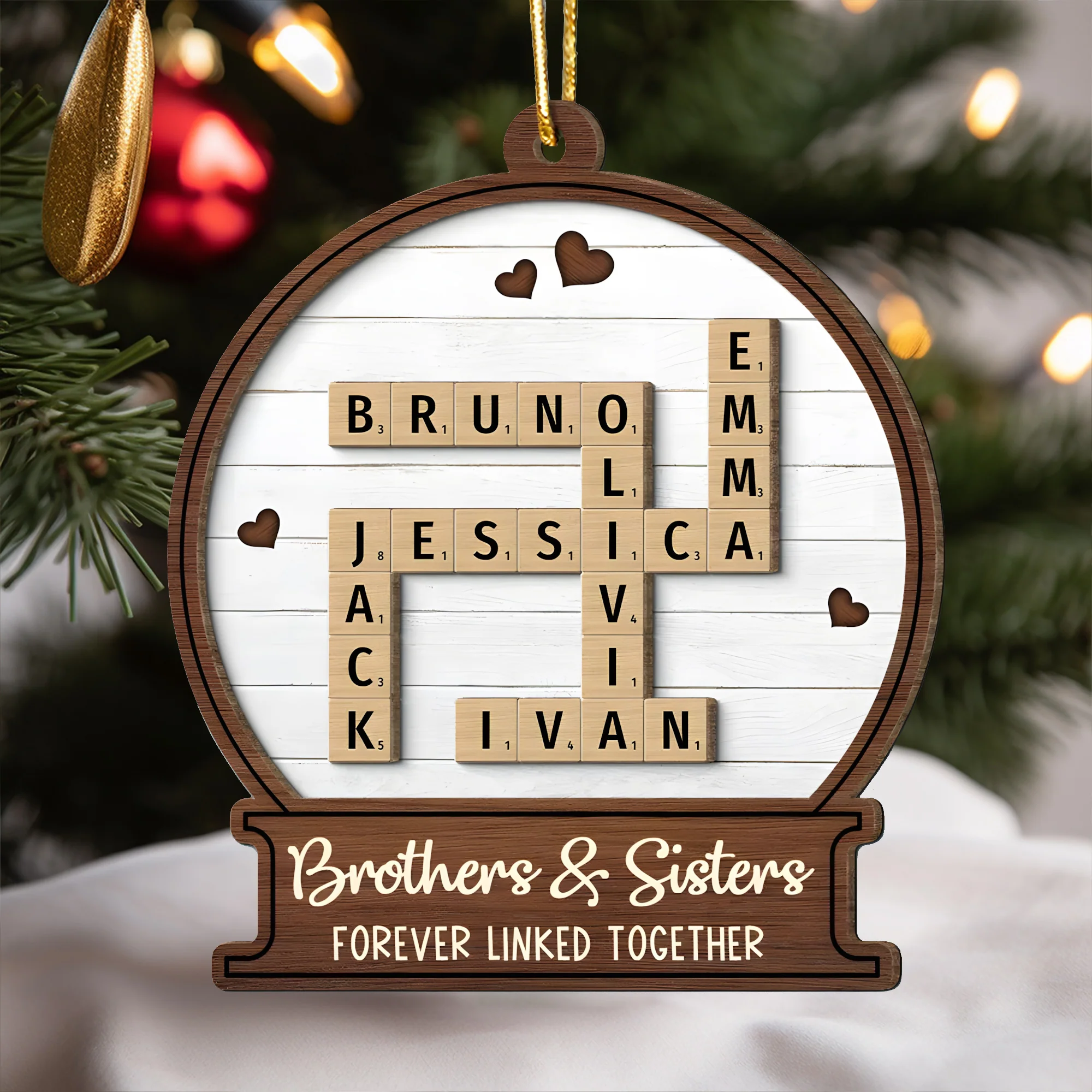 Snow Globe Brothers & Sisters Forever Linked Together Crossword Puzzle Art Personalized 2-Layer Wooden Ornament, Custom Scrabble Name Keepsake