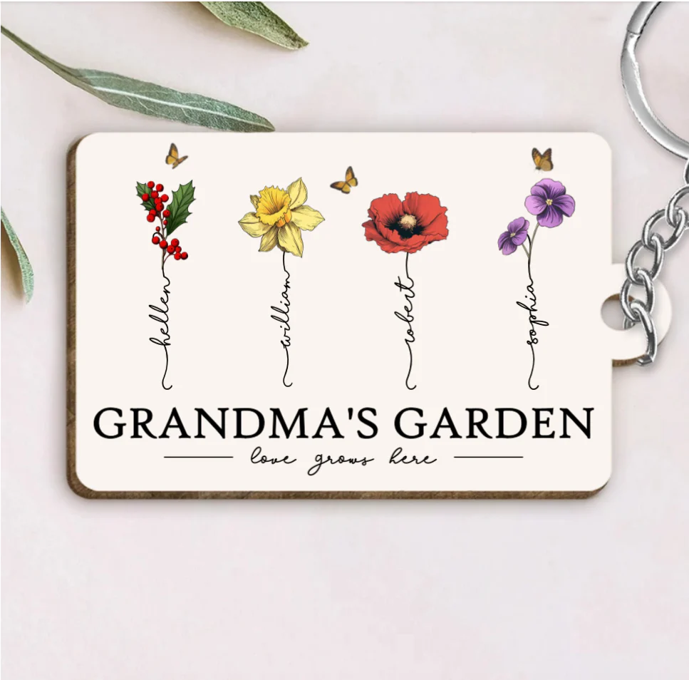 Grandma's Garden Love Grows Here Beautiful Birth Month Flower Gift For Grandma Mom Personalized Keychain, Poster, Plaque, Wallet Card, Car Hanger - Image 4