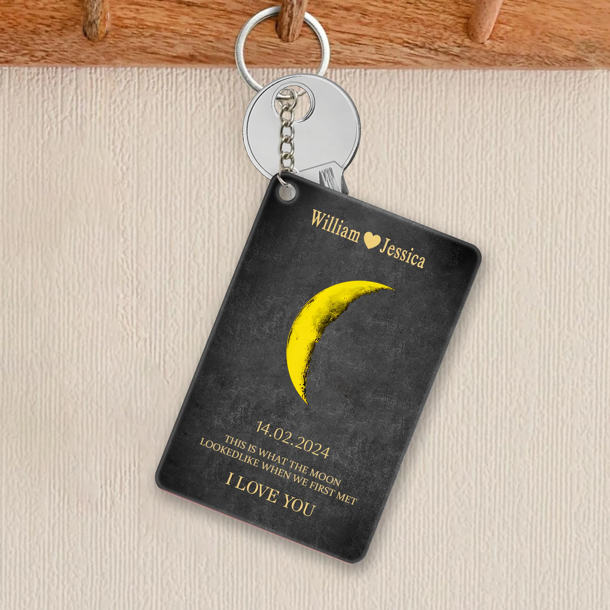 Moonlit Love - Personalized Couple Art with Real Moon Phase - Unique Anniversary & Valentine's Memory Keychain - Image 2