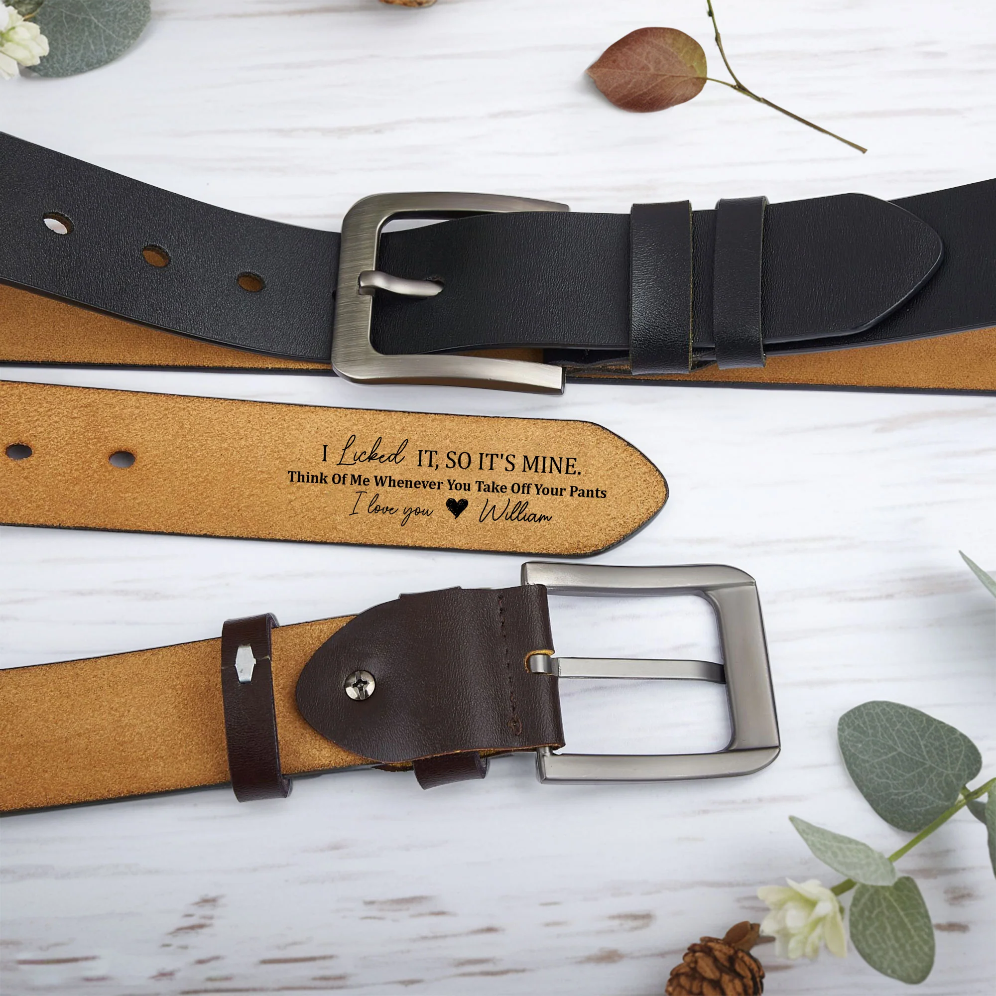 "Personalized Leather Belt – 'I Licked It, So It’s Mine' Custom Message – A Fun and Romantic Gift for Valentine’s Day or Special Occasions" - Image 2