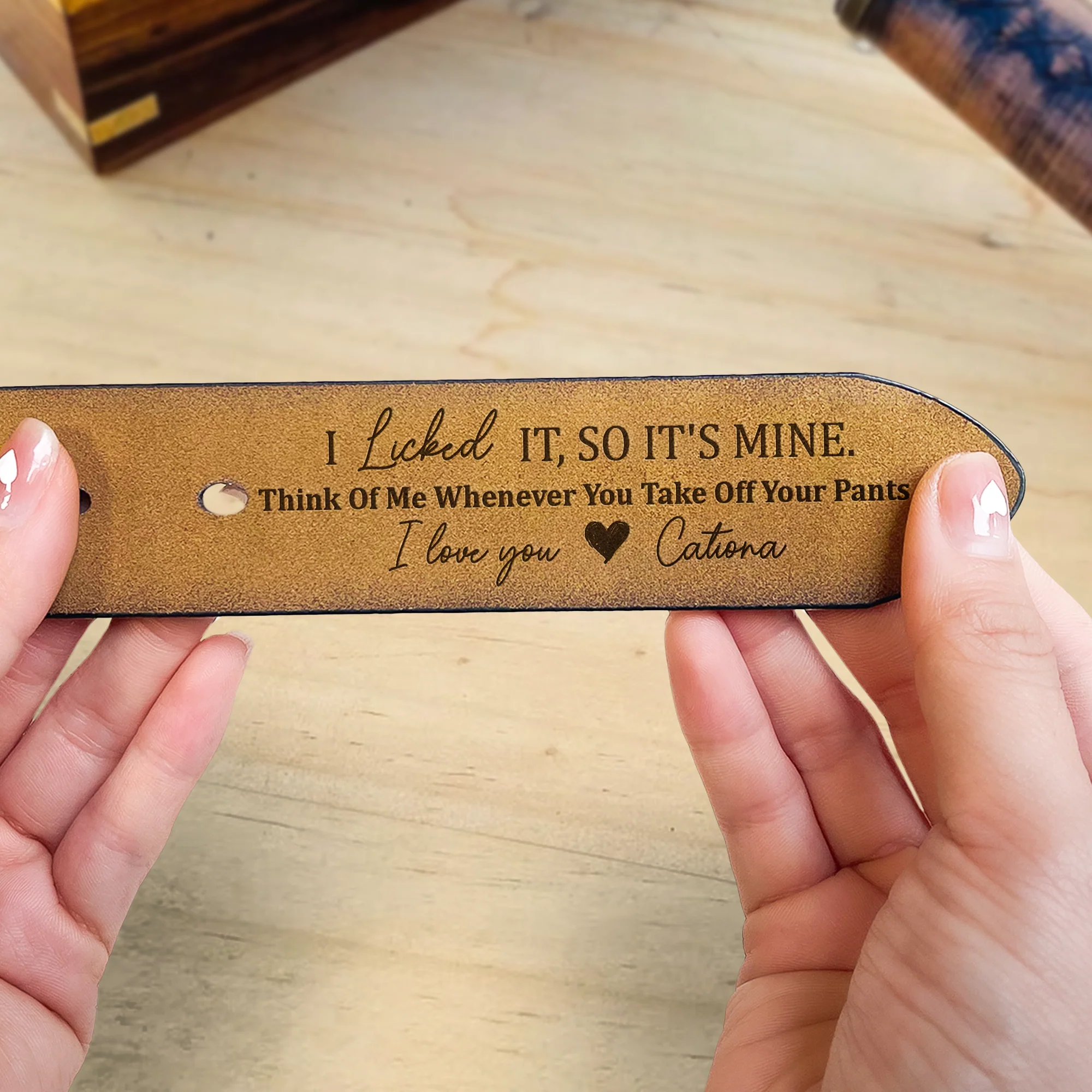 "Personalized Leather Belt – 'I Licked It, So It’s Mine' Custom Message – A Fun and Romantic Gift for Valentine’s Day or Special Occasions" - Image 6