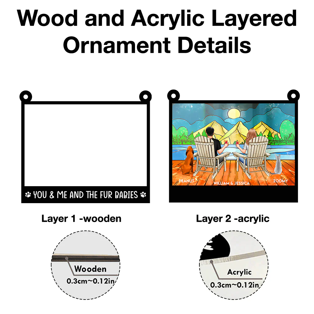 "Rustic Couple and Dogs Wood & Acrylic Ornament - Personalized Mountain View Gift" - Image 10