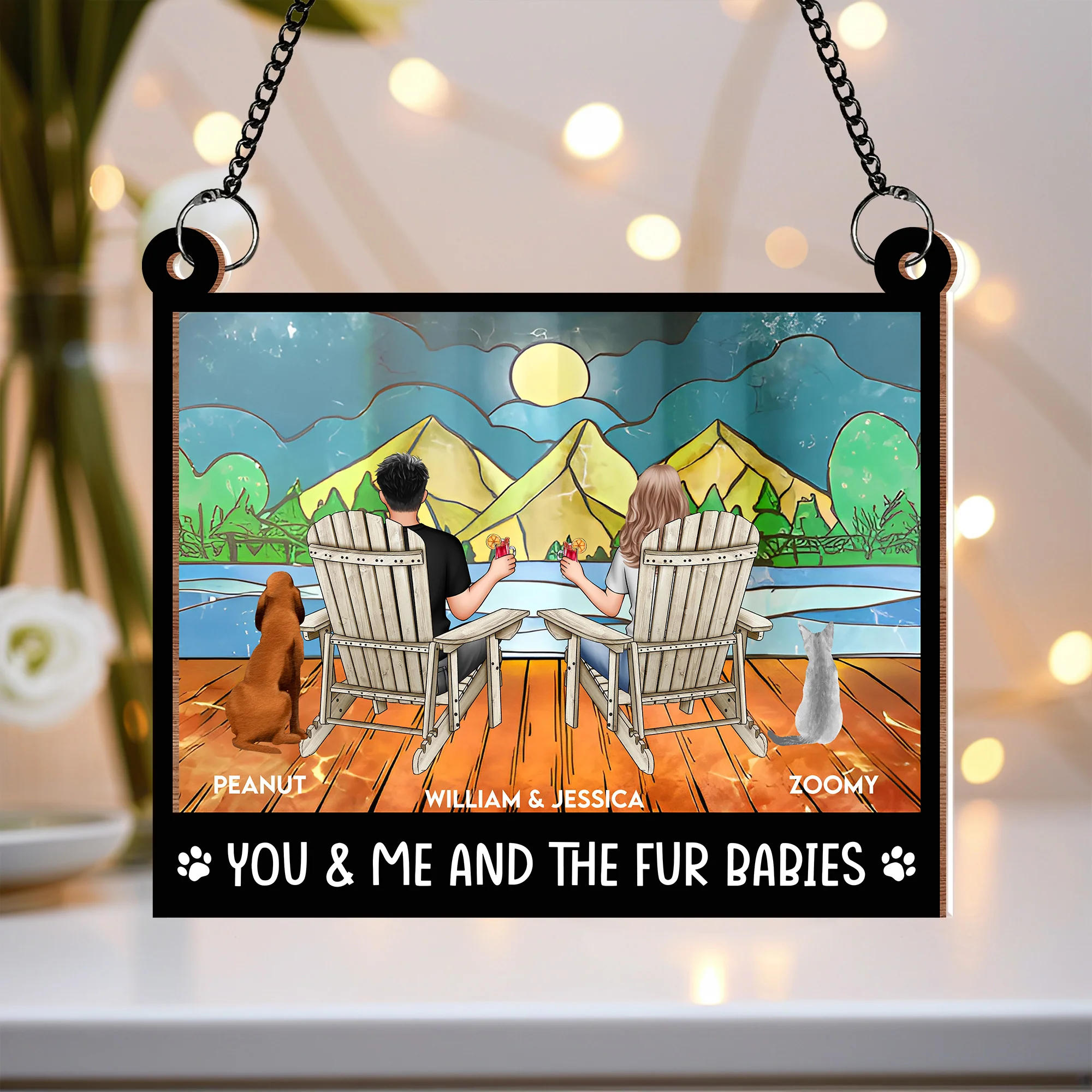 "Rustic Couple and Dogs Wood & Acrylic Ornament - Personalized Mountain View Gift" - Image 3
