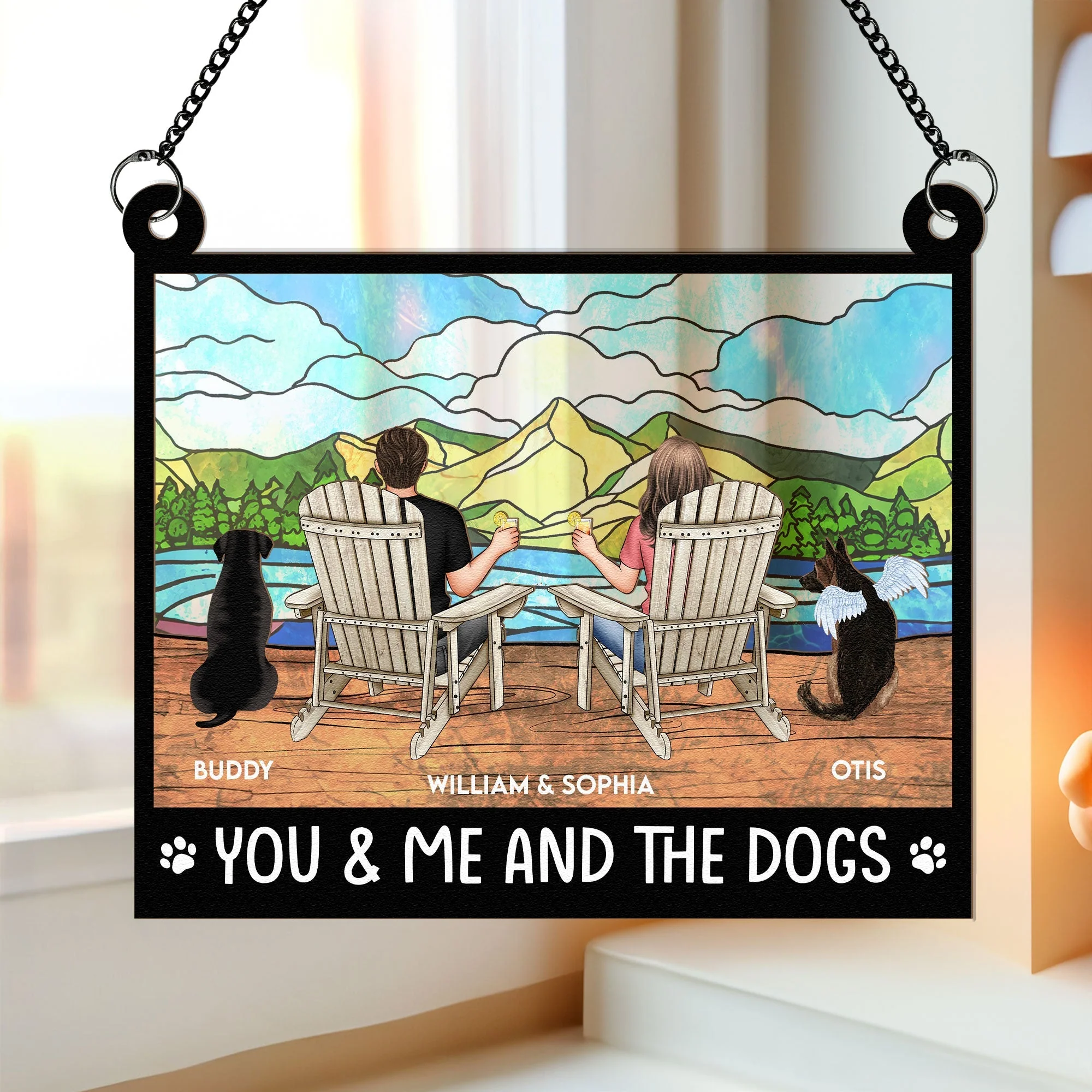"Rustic Couple and Dogs Wood & Acrylic Ornament - Personalized Mountain View Gift" - Image 5