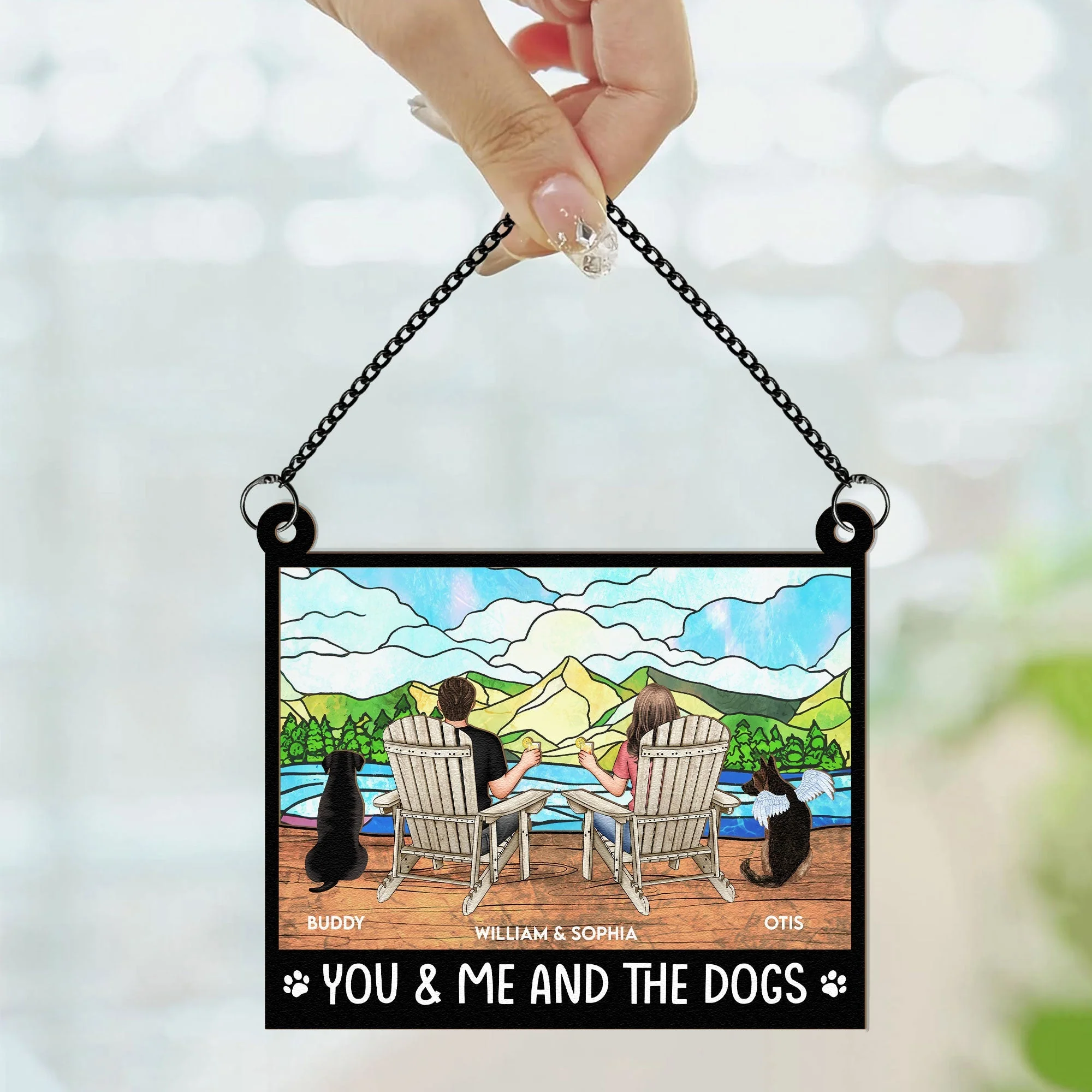 "Rustic Couple and Dogs Wood & Acrylic Ornament - Personalized Mountain View Gift" - Image 6