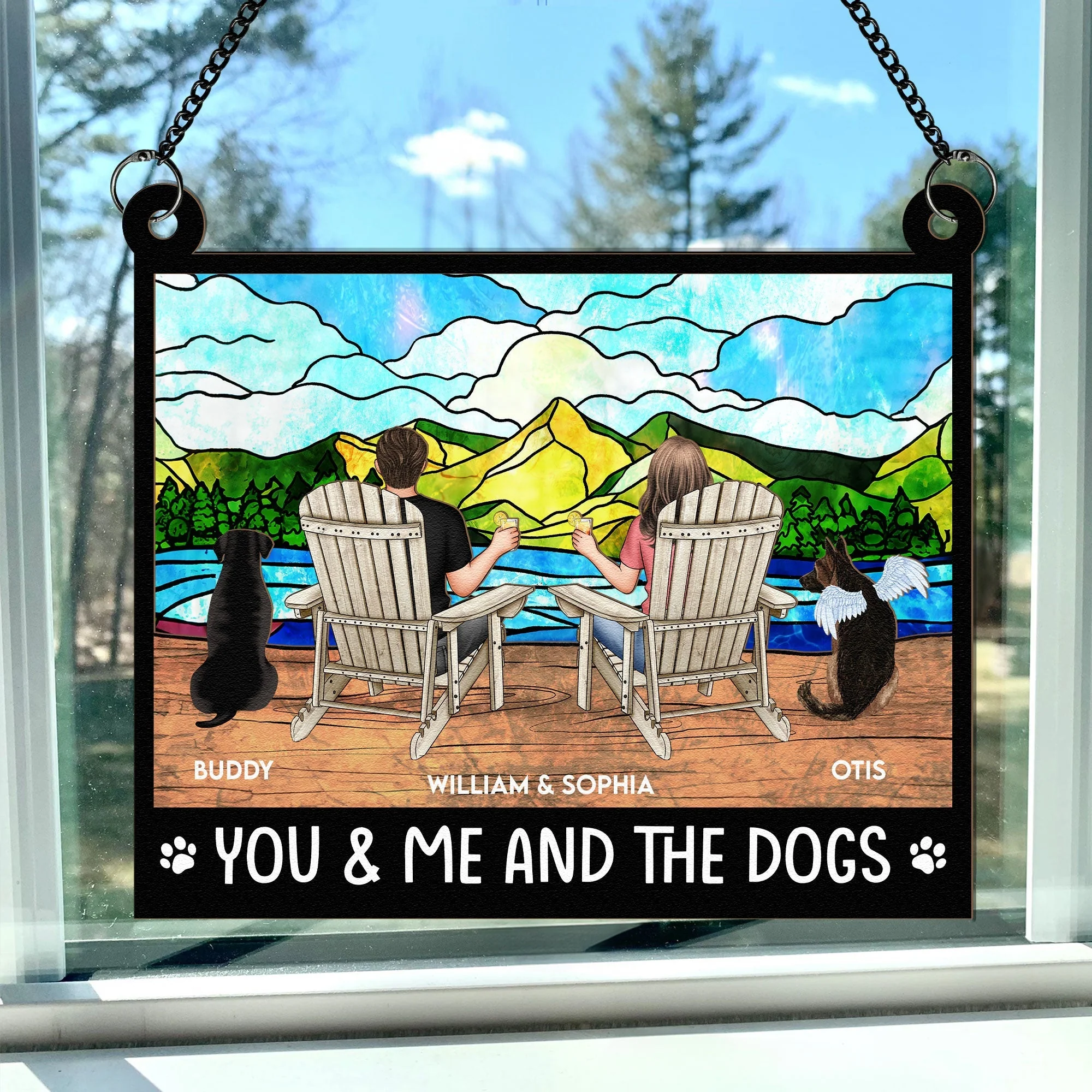 "Rustic Couple and Dogs Wood & Acrylic Ornament - Personalized Mountain View Gift" - Image 7
