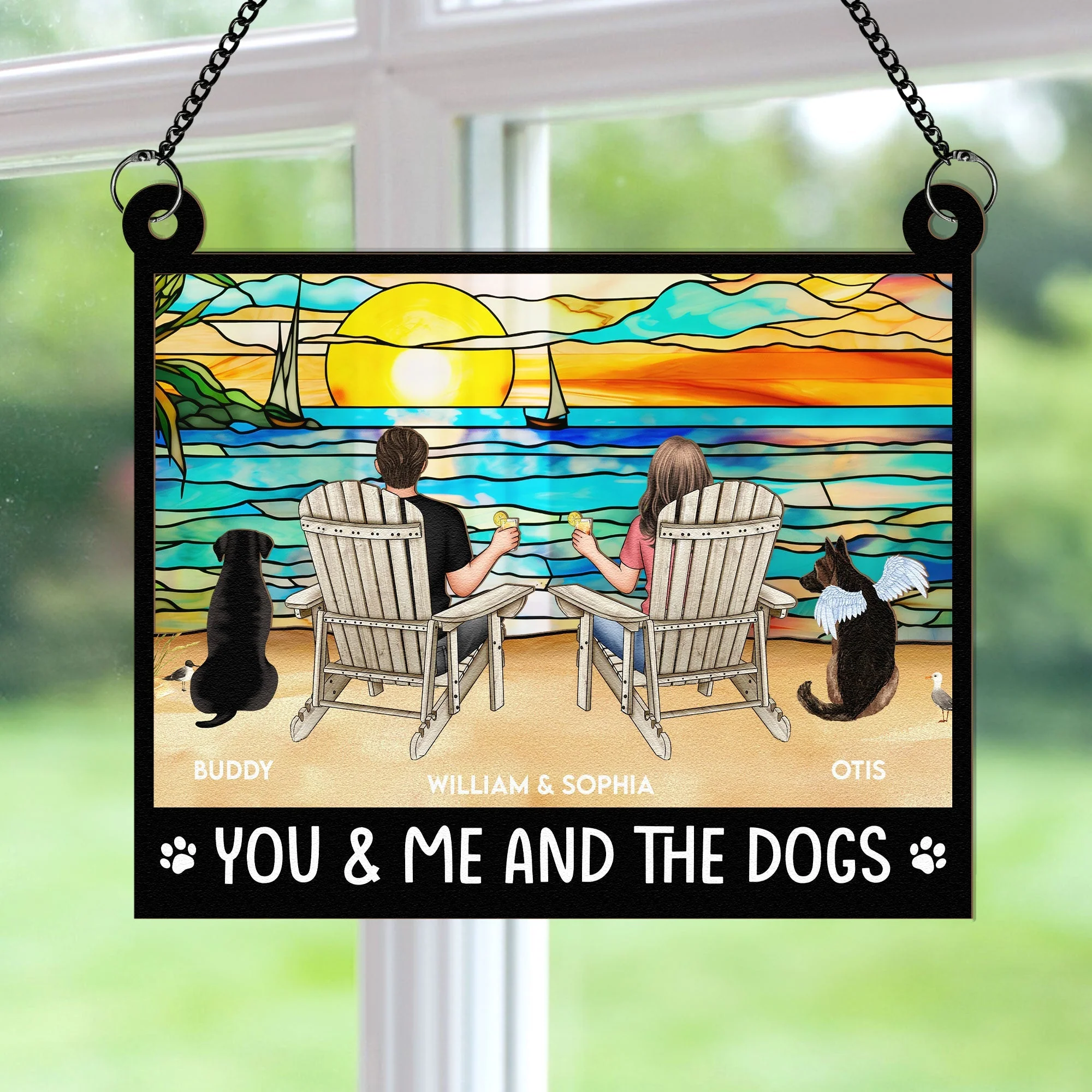 "Rustic Couple and Dogs Wood & Acrylic Ornament - Personalized Mountain View Gift" - Image 8