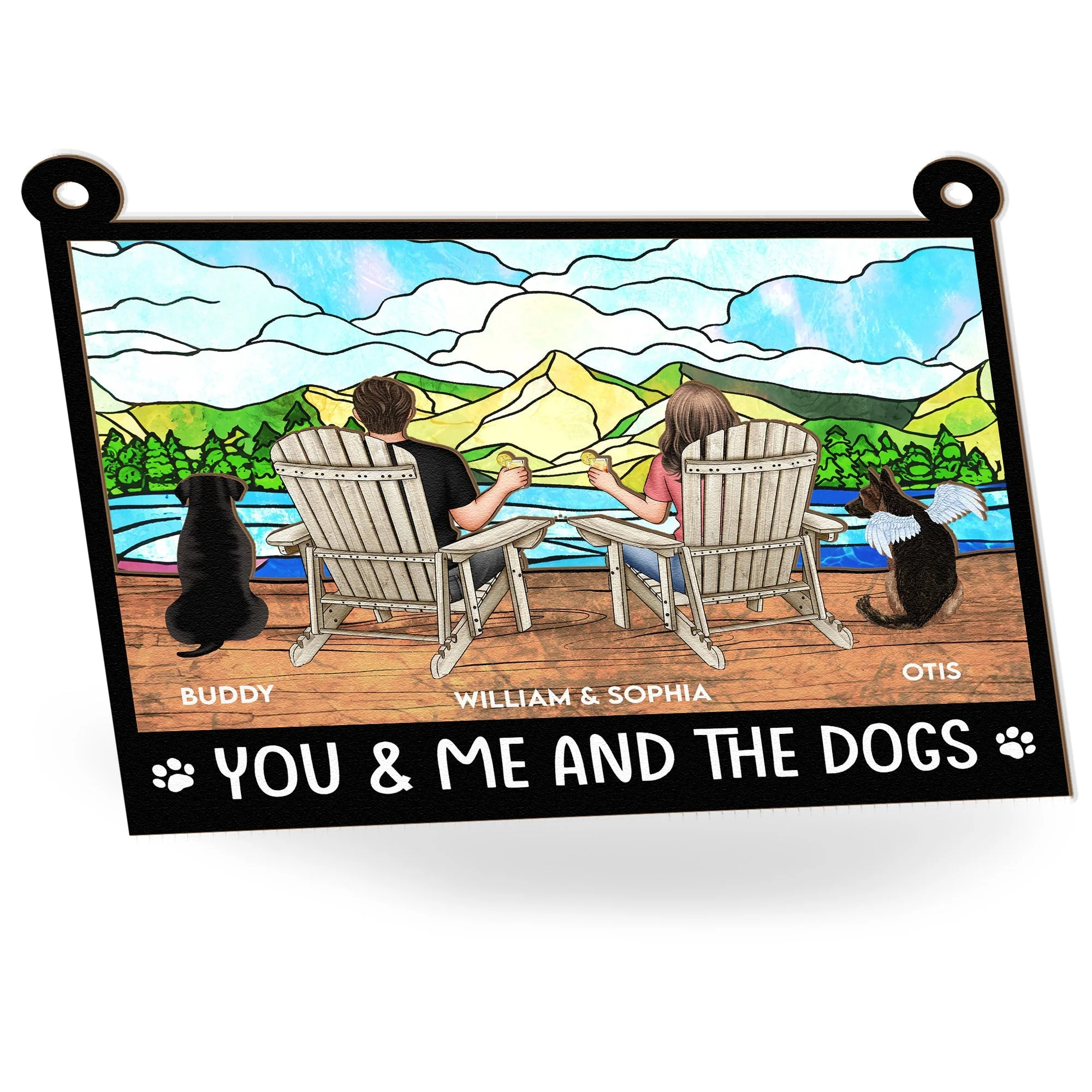 "Rustic Couple and Dogs Wood & Acrylic Ornament - Personalized Mountain View Gift" - Image 9
