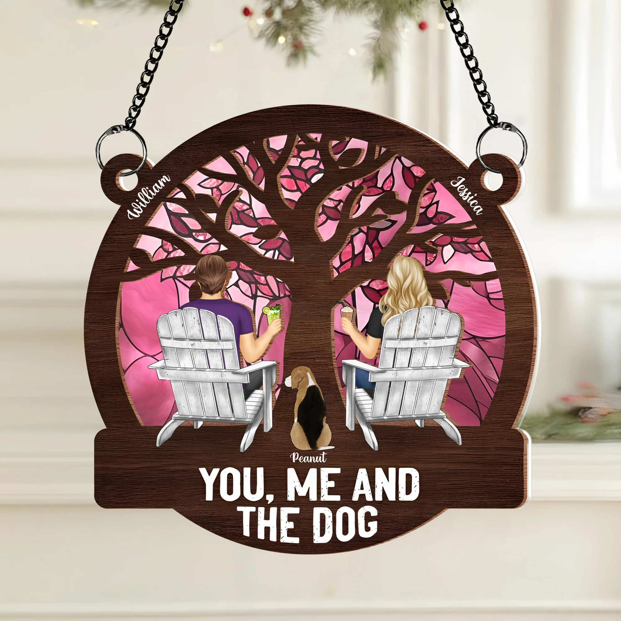 "Raising a Toast Through the Seasons - Custom Couple & Dog Ornament, A Heartwarming Gift for Wife or Husband"