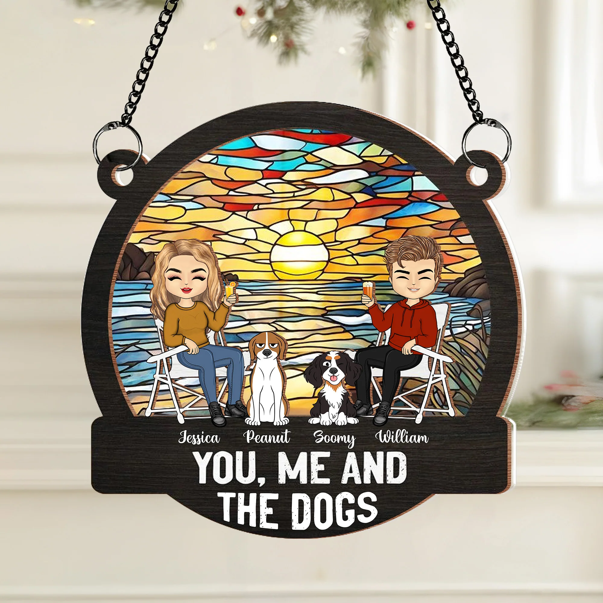 You, Me & the Dog Enjoying a Forest Sunset - Custom Wood & Acrylic Ornament, Perfect for Dog Lovers’ Birthdays or Holiday or valentine's day Gifts