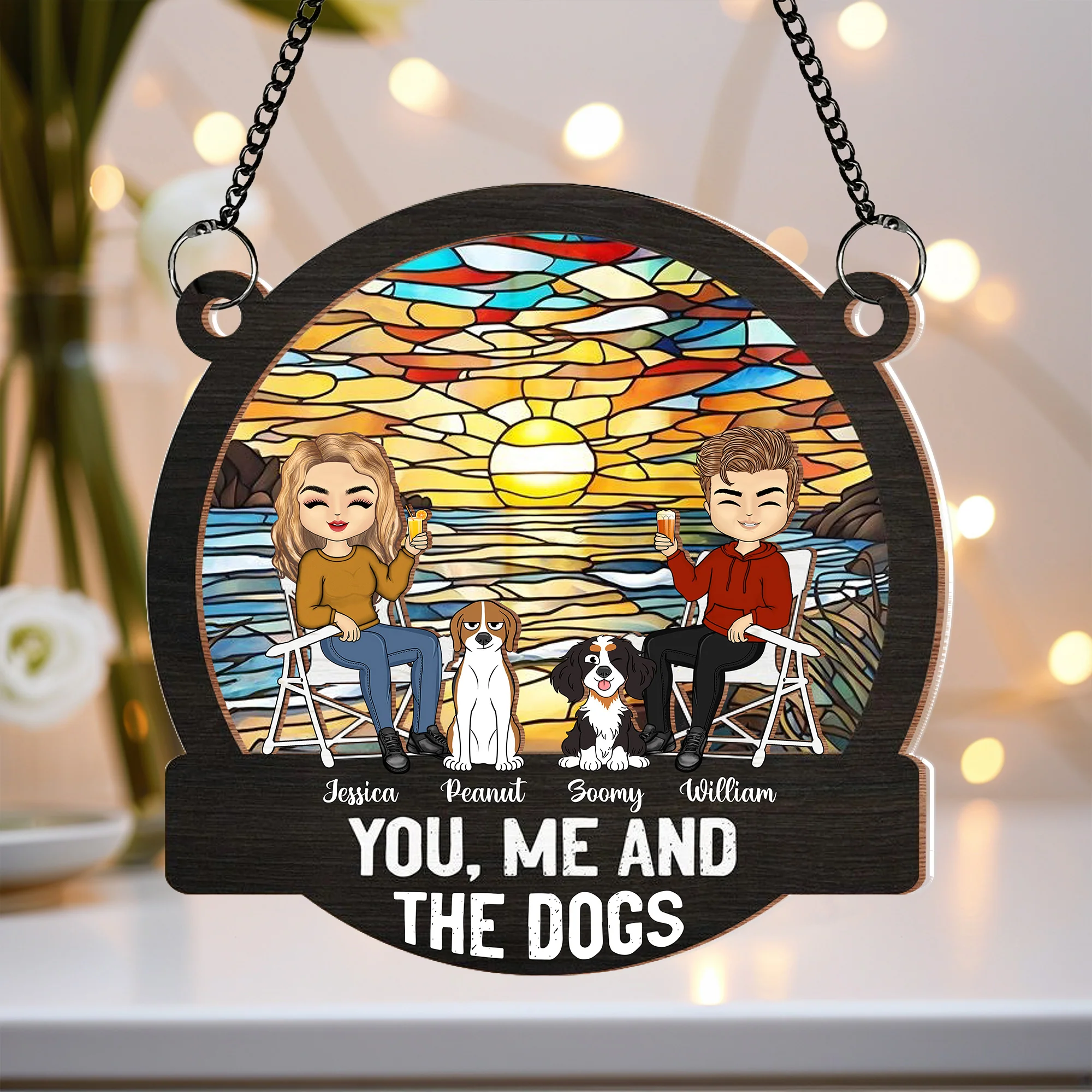 You, Me & the Dog Enjoying a Forest Sunset - Custom Wood & Acrylic Ornament, Perfect for Dog Lovers’ Birthdays or Holiday or valentine's day Gifts - Image 3