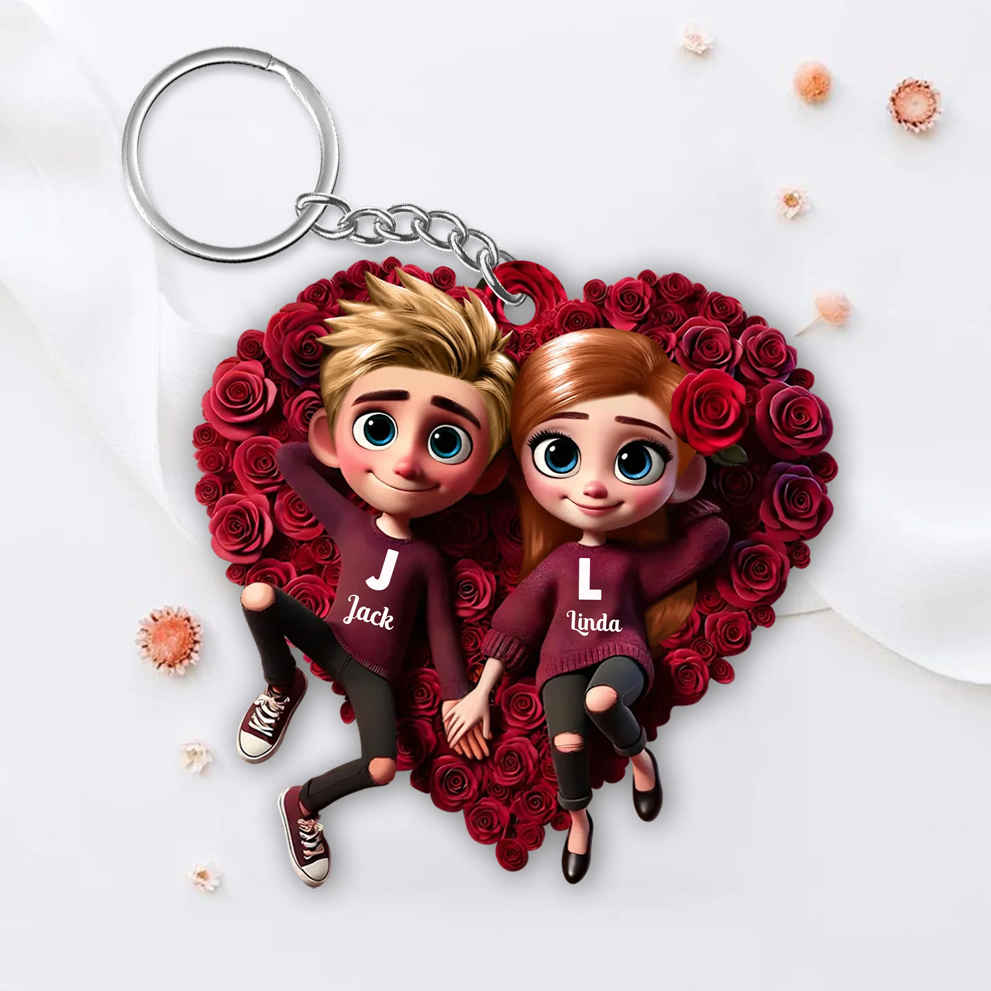 Romantic Rose Heart Couple Keychain - Personalized Valentine's Day Gift