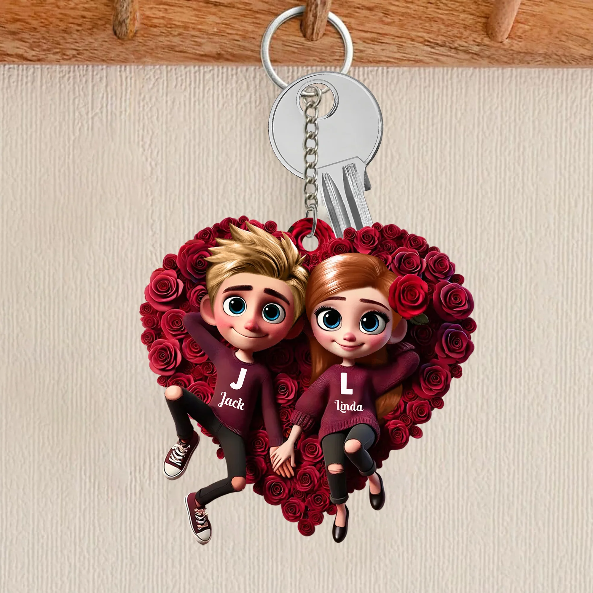 Romantic Rose Heart Couple Keychain - Personalized Valentine's Day Gift - Image 3