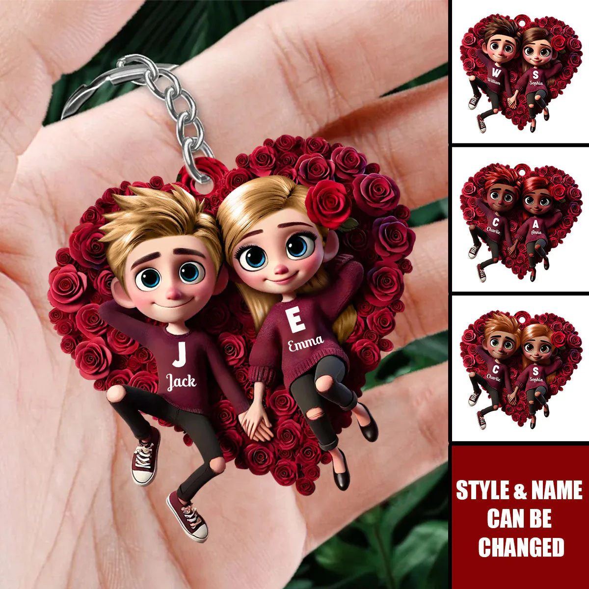 Romantic Rose Heart Couple Keychain - Personalized Valentine's Day Gift - Image 4