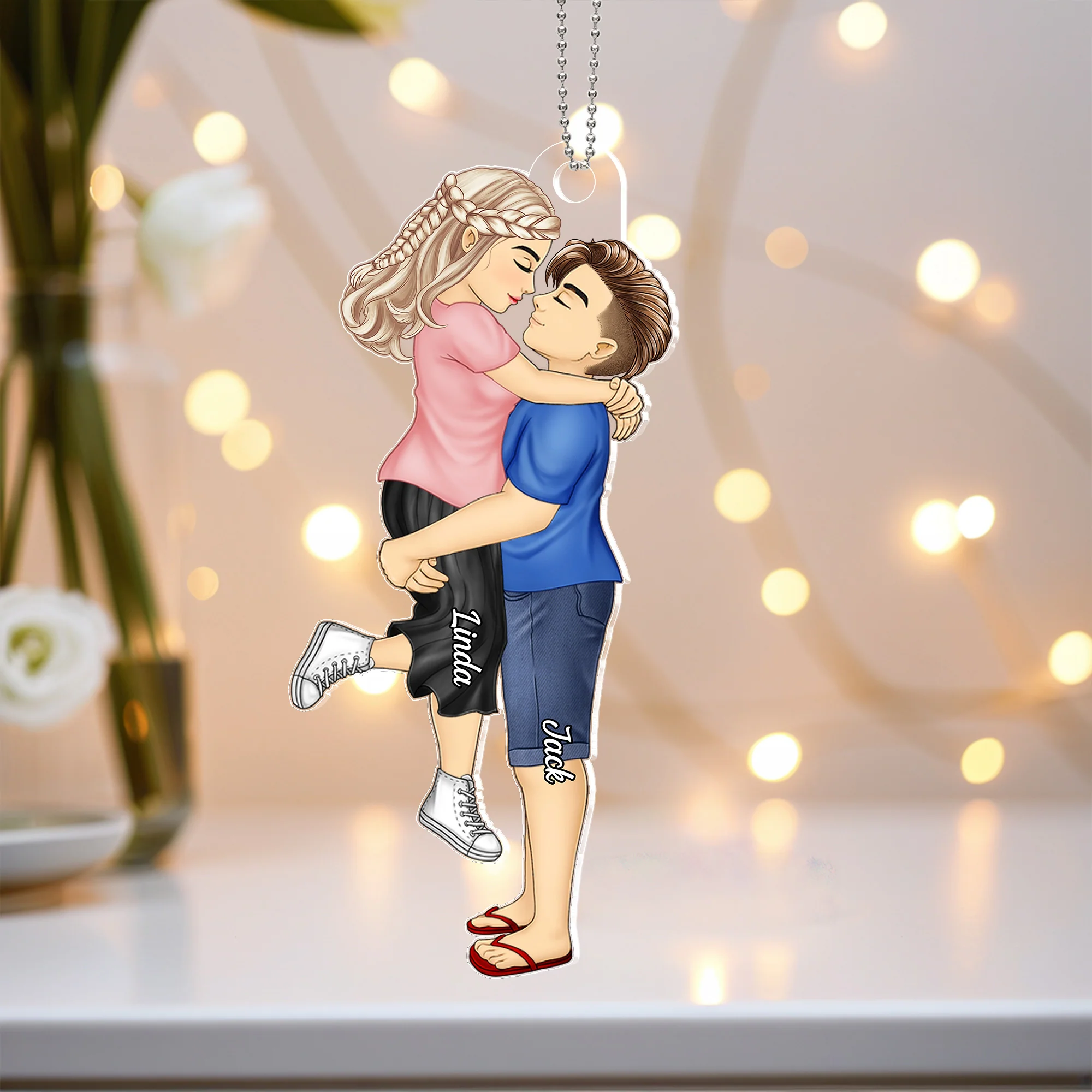 Romantic Couple Kissing - Personalized Acrylic Car Hanger for Anniversary Gift