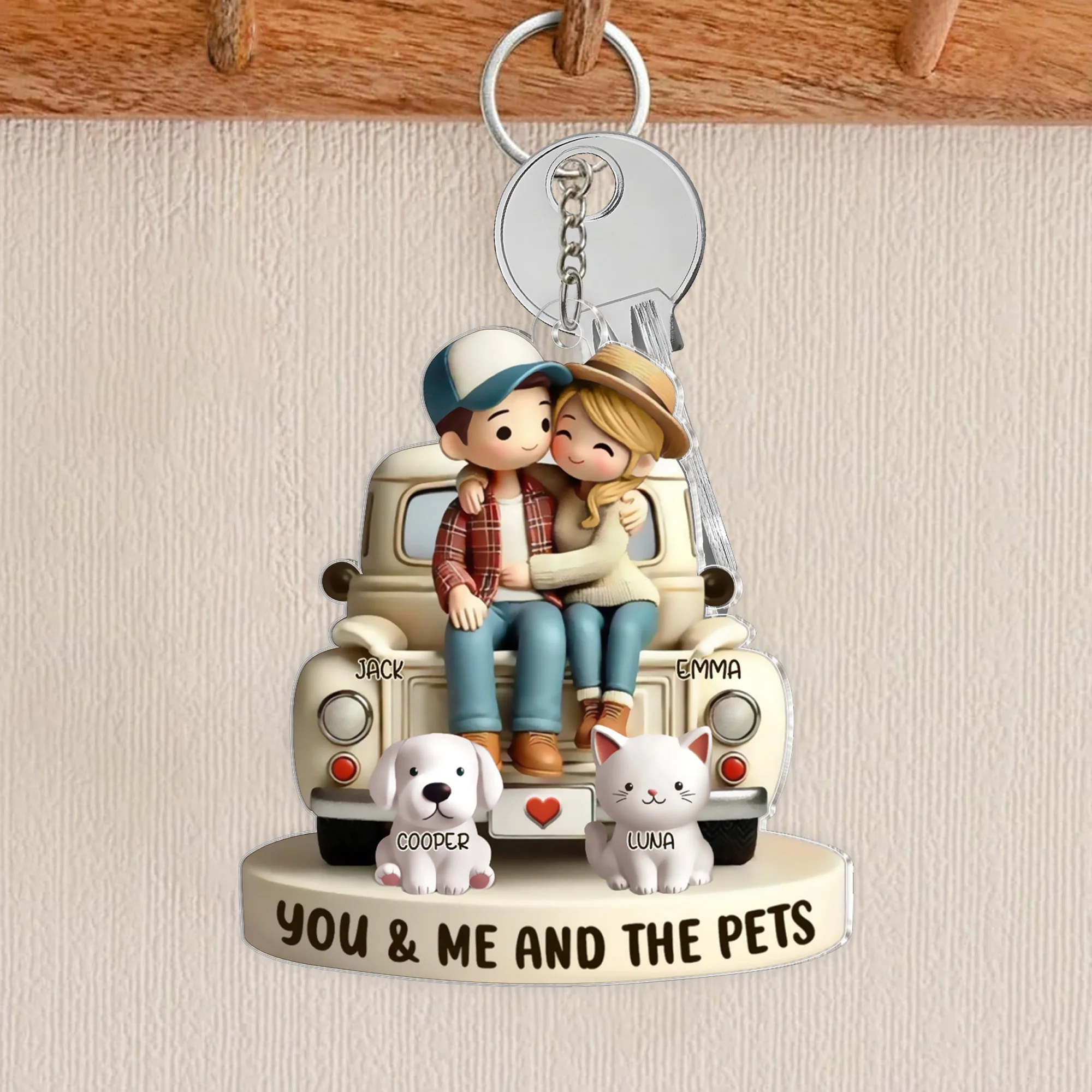 Couple and Pet Cartoon Acrylic Keychain – "You, Me, and the Pets" Personalized Gift - Image 3