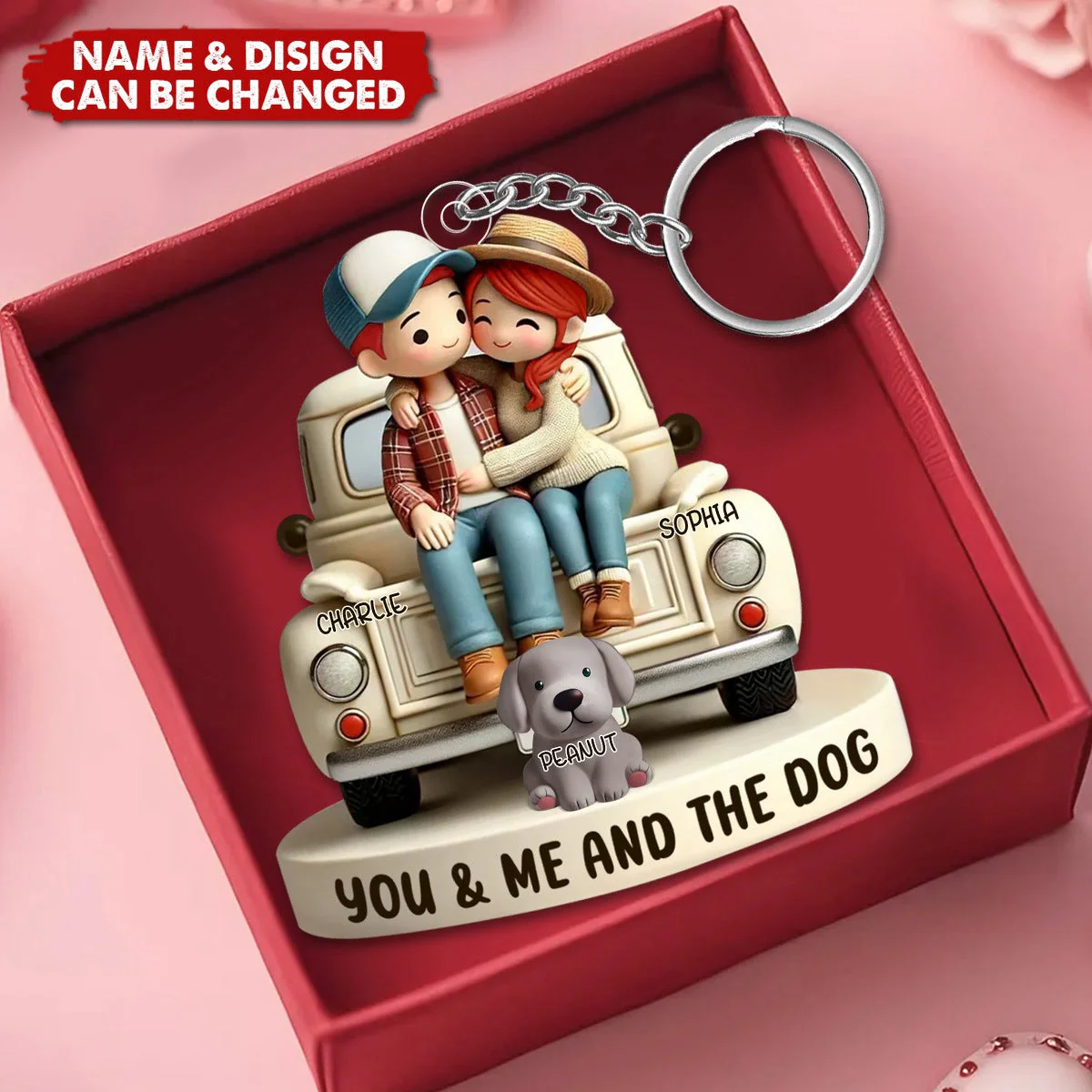 Couple and Pet Cartoon Acrylic Keychain – "You, Me, and the Pets" Personalized Gift - Image 5