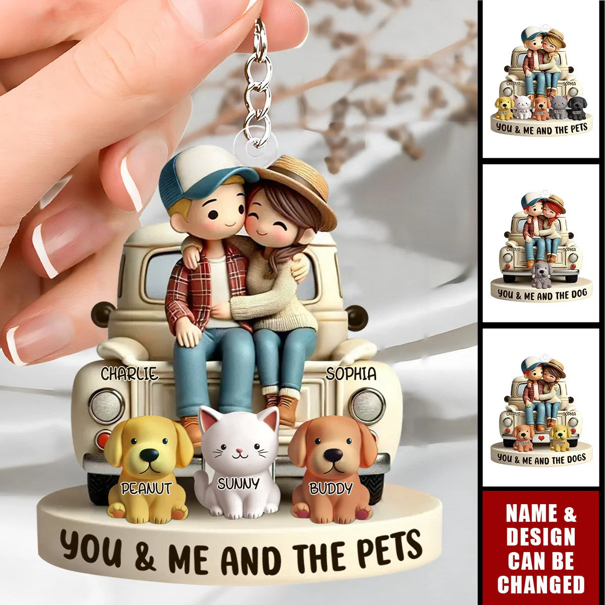 Couple and Pet Cartoon Acrylic Keychain – "You, Me, and the Pets" Personalized Gift - Image 6