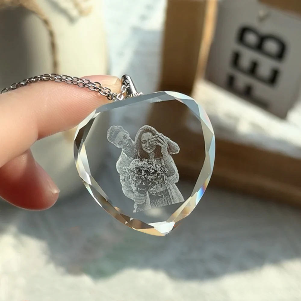 Romantic Valentine's Day Couple Gift - Personalized Photo Engraved Crystal Necklace