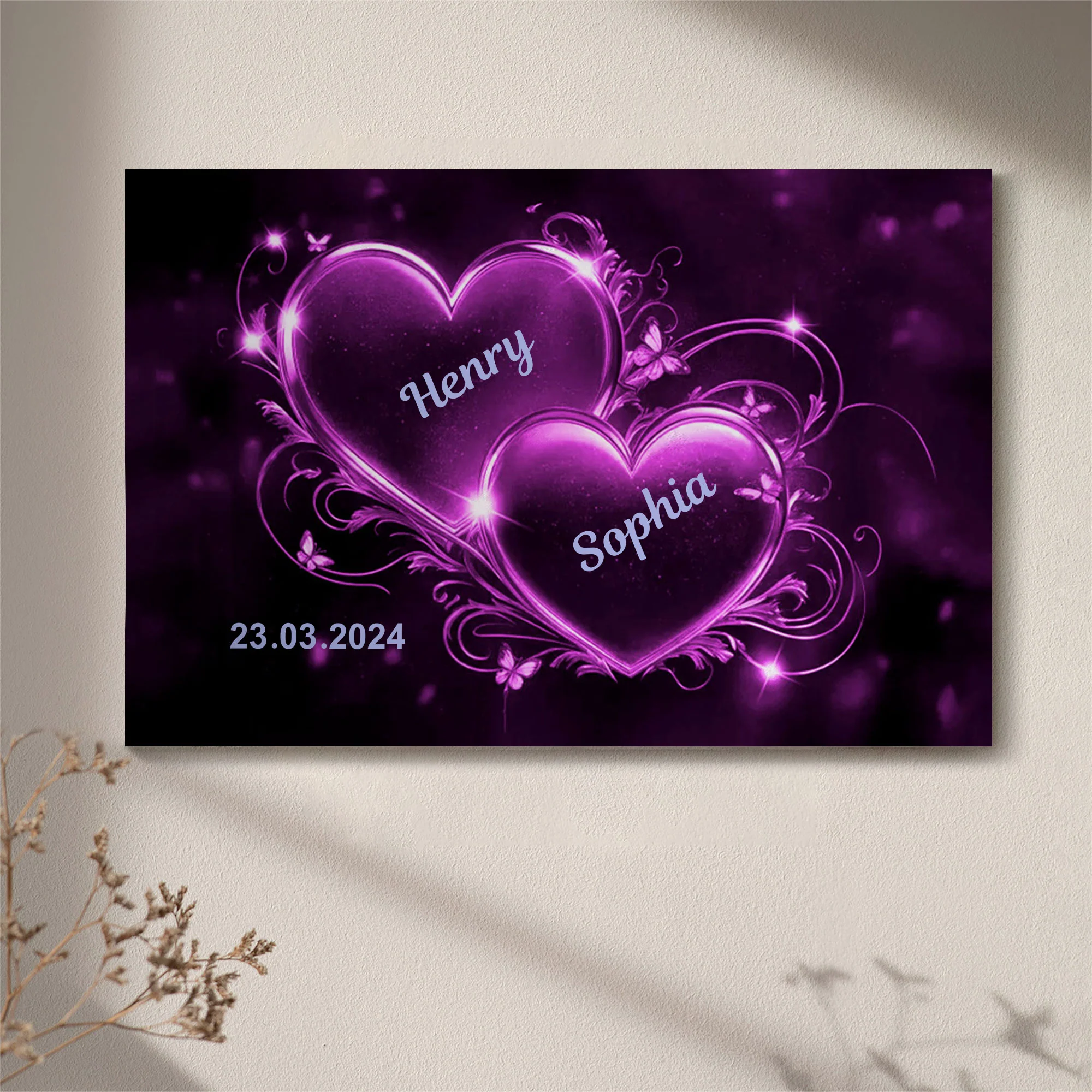 Romantic Double Heart Neon Poster or Canvas - Personalized Valentine’s Day Gift for Couples, Bedroom Decor - Image 2