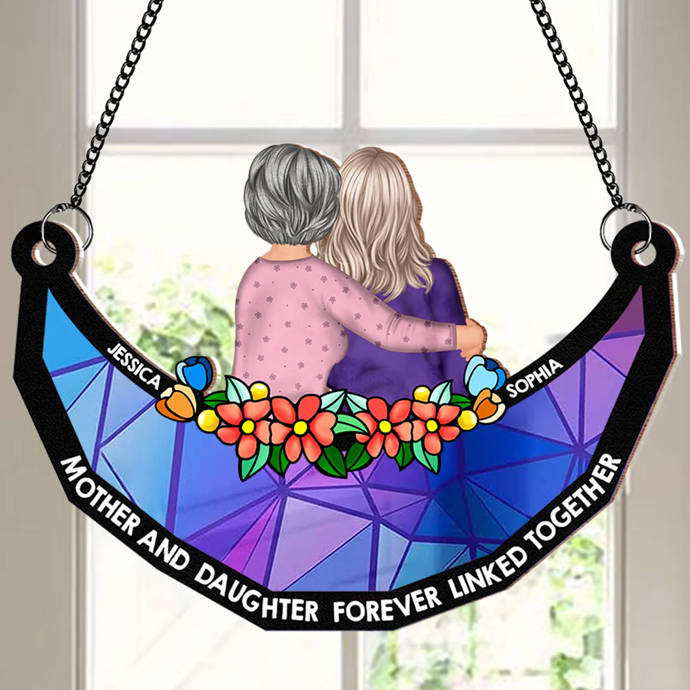 Mother-Daughter Themed Wood and Acrylic Layered Ornament – Warm Hug Design, Personalized Gift for Mother or Daughter