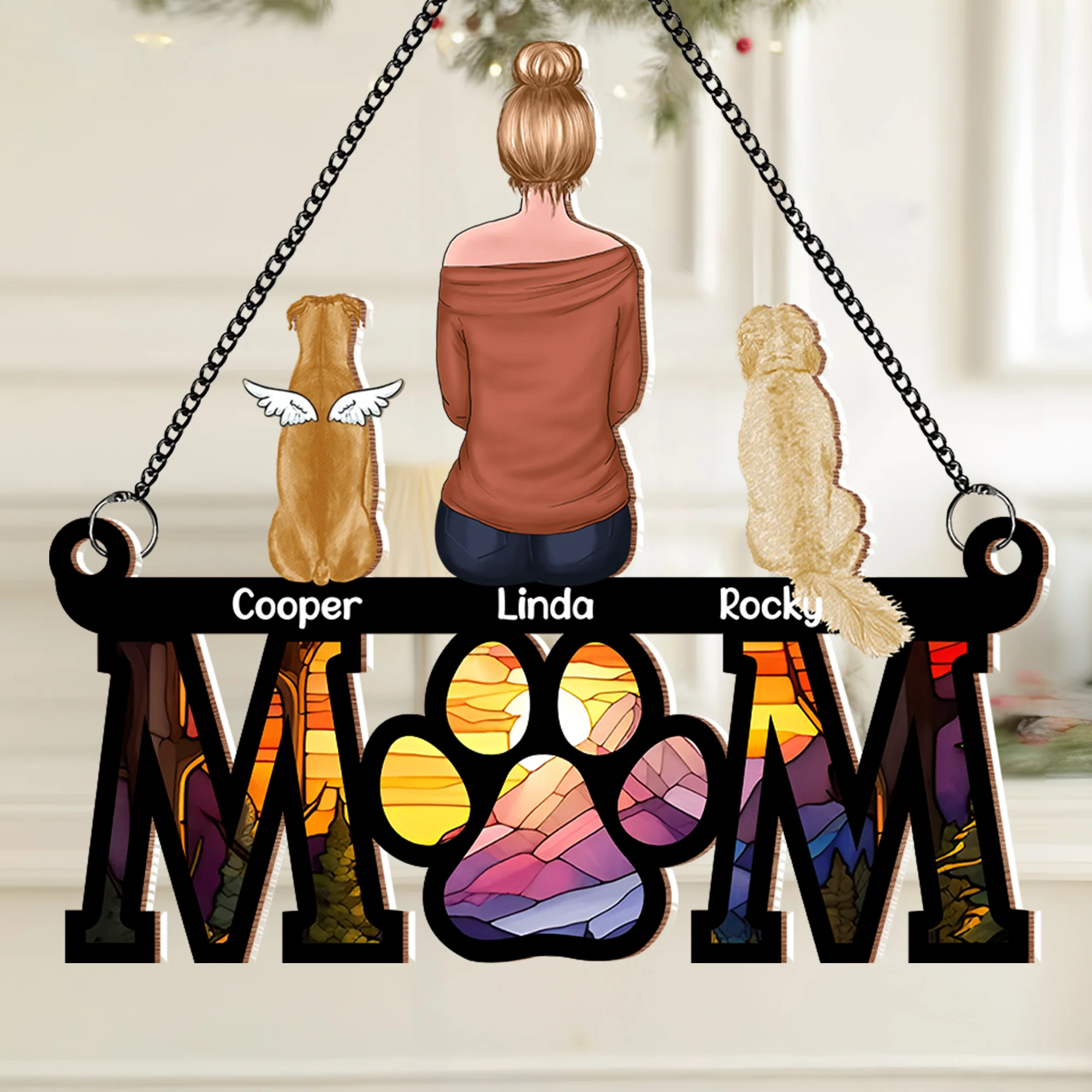 "Mom and Her Dogs" Themed Hanging Ornament, Wood and Acrylic Layers, Perfect Gift for Mother’s Day, Birthdays, or Special Occasions - Image 3