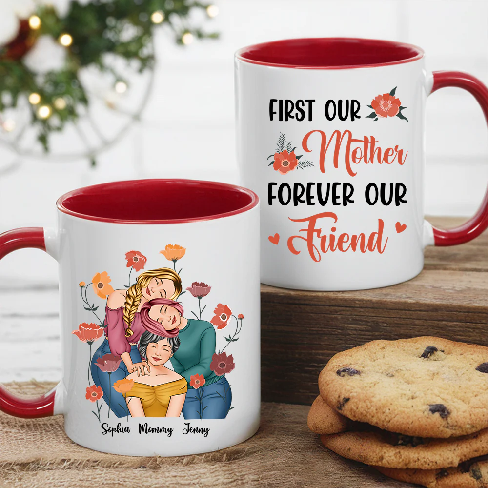 Personalized Gift for Mother or Daughter – Ceramic Mug Featuring Hugging Scene with 'First Our Mother, Forever Our Friend' - Image 5
