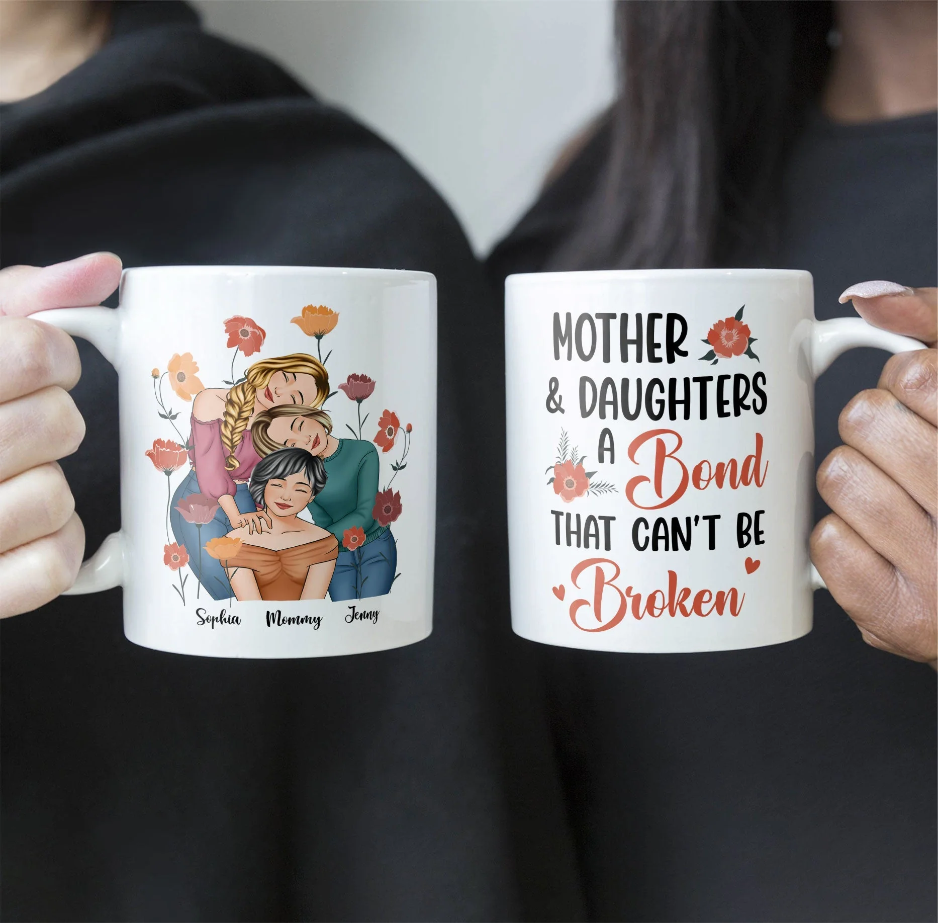 Personalized Gift for Mother or Daughter – Ceramic Mug Featuring Hugging Scene with 'First Our Mother, Forever Our Friend' - Image 6
