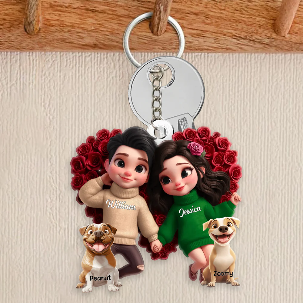 Personalized Acrylic Keychain – Cute Cartoon Couple with Their Dog, Holding Hands Surrounded by Roses, Custom Love Keepsake for Couples, Families or Dog Loves - Image 2
