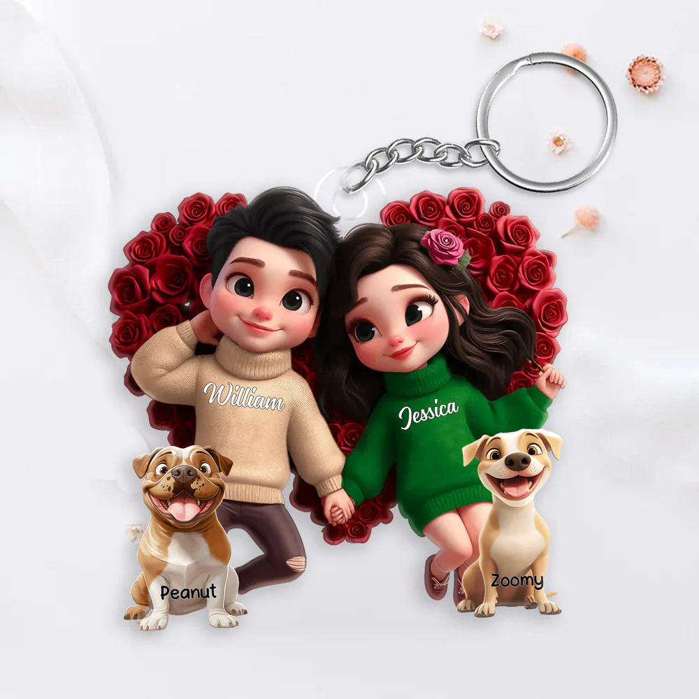 Personalized Acrylic Keychain – Cute Cartoon Couple with Their Dog, Holding Hands Surrounded by Roses, Custom Love Keepsake for Couples, Families or Dog Loves - Image 3