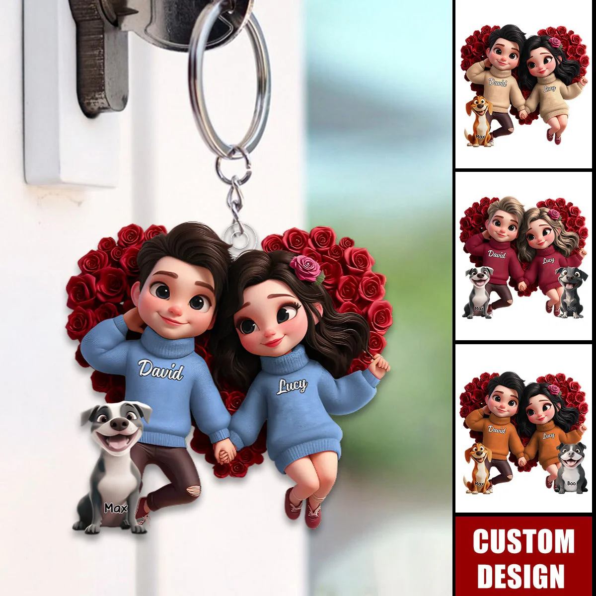 Personalized Acrylic Keychain – Cute Cartoon Couple with Their Dog, Holding Hands Surrounded by Roses, Custom Love Keepsake for Couples, Families or Dog Loves - Image 4