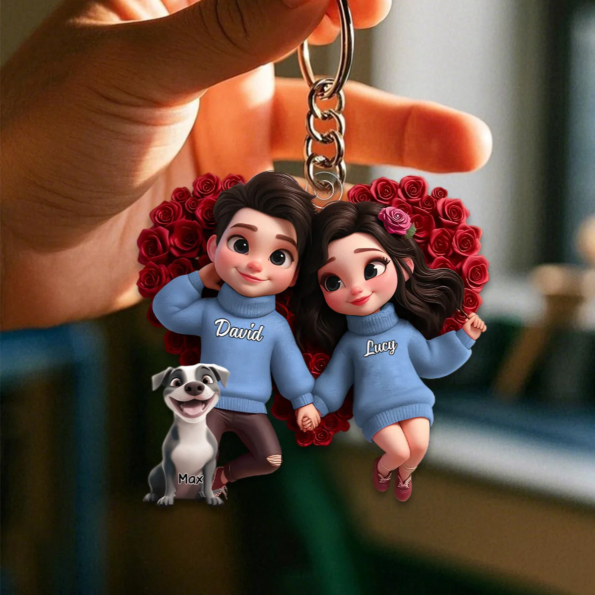 Personalized Acrylic Keychain – Cute Cartoon Couple with Their Dog, Holding Hands Surrounded by Roses, Custom Love Keepsake for Couples, Families or Dog Loves - Image 6
