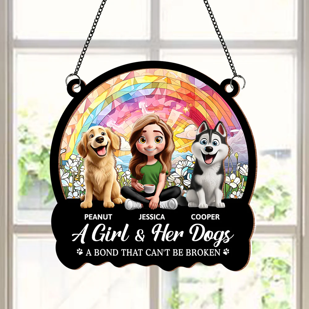 Personalized Wood and Acrylic Layered Ornament – ‘A Girl & Her Dogs’ Design, Vibrant Rainbow and Floral Background, Perfect Gift for Dog Lovers