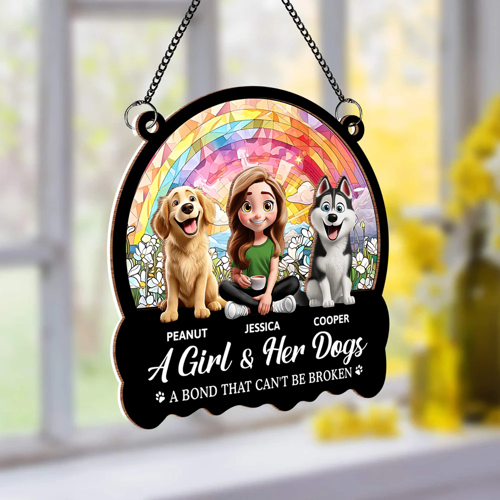 Personalized Wood and Acrylic Layered Ornament – ‘A Girl & Her Dogs’ Design, Vibrant Rainbow and Floral Background, Perfect Gift for Dog Lovers - Image 2