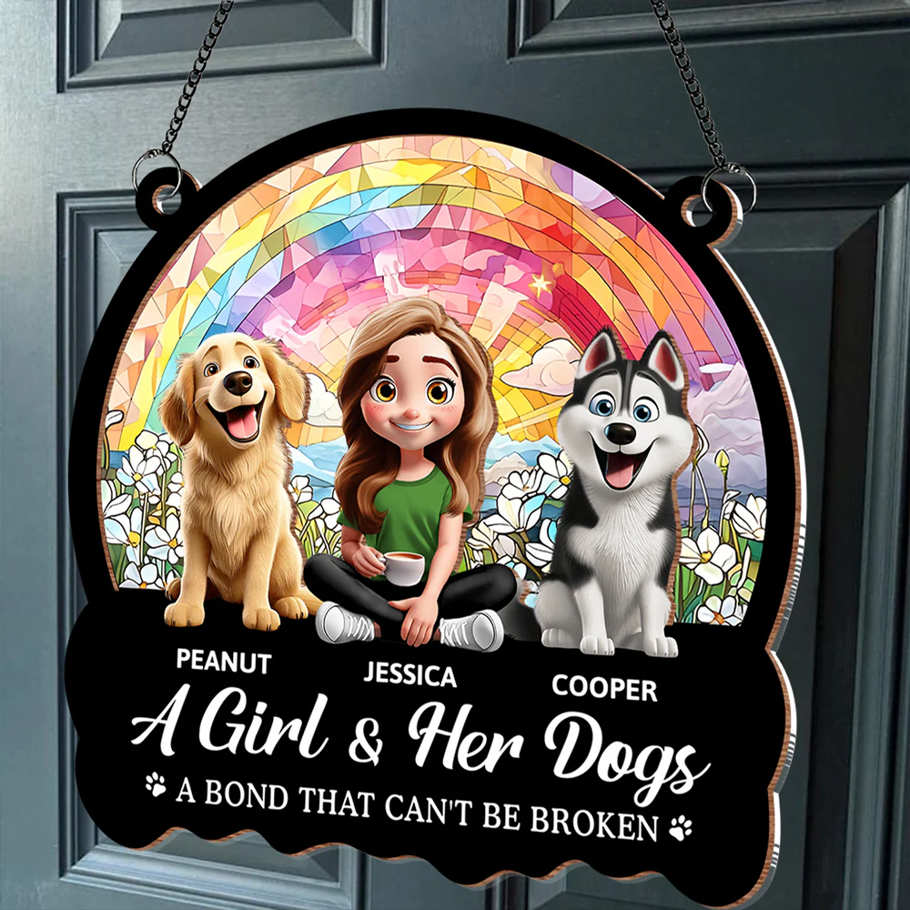 Personalized Wood and Acrylic Layered Ornament – ‘A Girl & Her Dogs’ Design, Vibrant Rainbow and Floral Background, Perfect Gift for Dog Lovers - Image 3