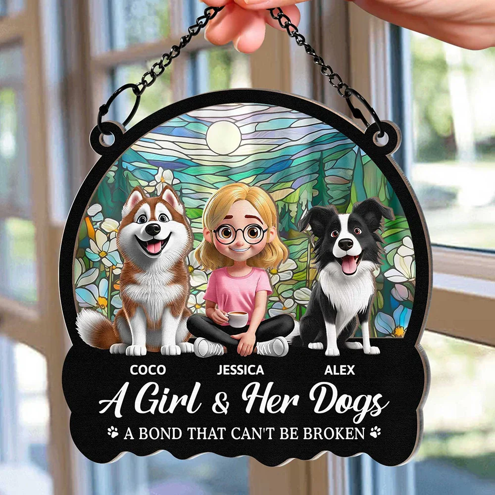 Personalized Wood and Acrylic Layered Ornament – ‘A Girl & Her Dogs’ Design, Vibrant Rainbow and Floral Background, Perfect Gift for Dog Lovers - Image 5