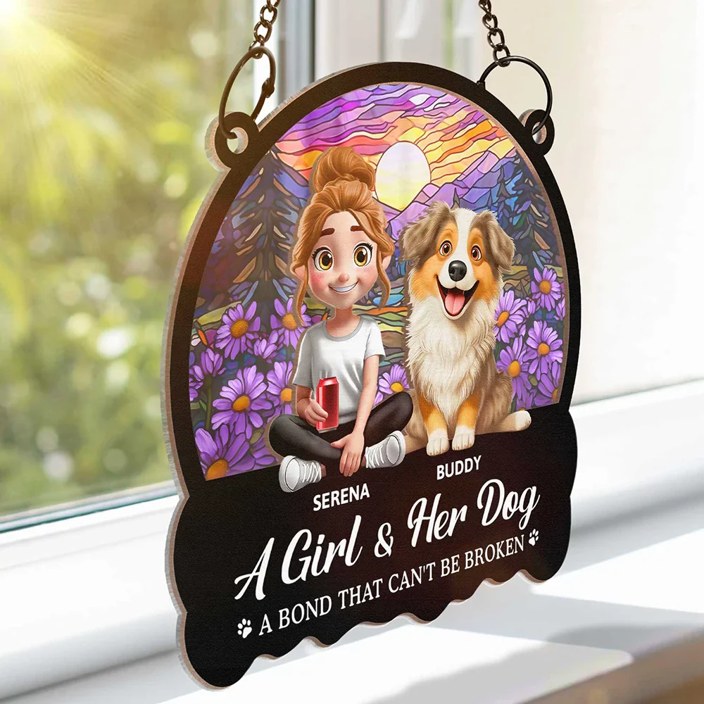 Personalized Wood and Acrylic Layered Ornament – ‘A Girl & Her Dogs’ Design, Vibrant Rainbow and Floral Background, Perfect Gift for Dog Lovers - Image 6