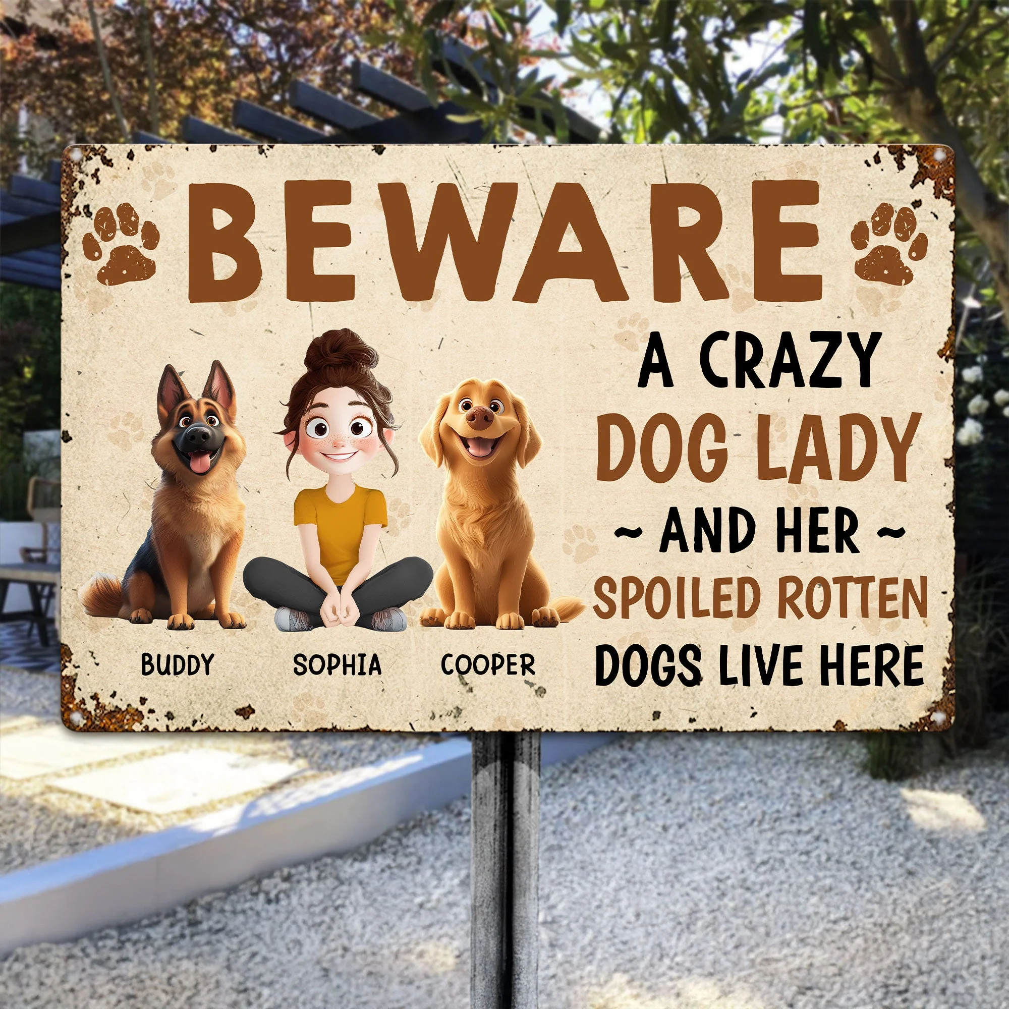Beware – A Crazy Dog Lady and Her Spoiled Dogs Live Here! Funny Customizable Sign for Dog Lovers, Great Gift for Pet Owners, Available as Rectangular Iron Sign, Wooden Sign, and Keychain - Image 4