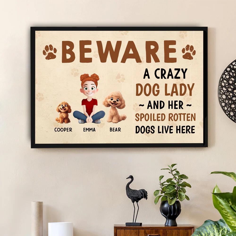 Beware – A Crazy Dog Lady and Her Spoiled Dogs Live Here! Funny Customizable Sign for Dog Lovers, Great Gift for Pet Owners, Available as Rectangular Iron Sign, Wooden Sign, and Keychain - Image 6