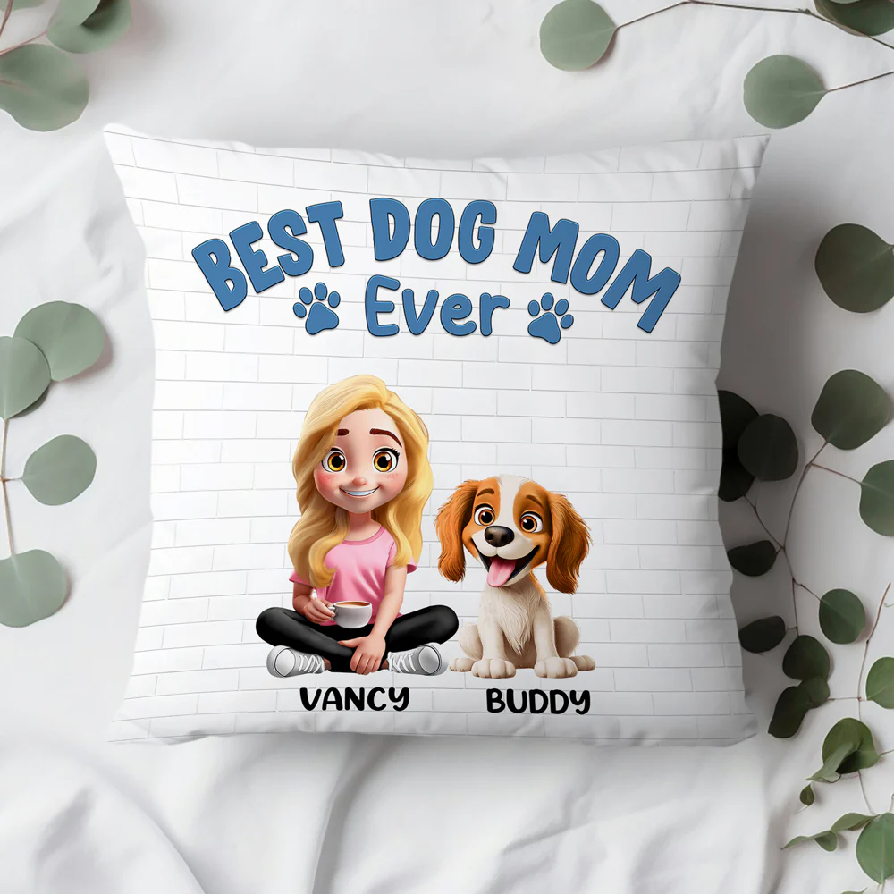 Personalized Square Pillow for Dog Moms and Dads – ‘Best Dog Mom/Dad Ever’ with Customizable Dog and Name - Image 2