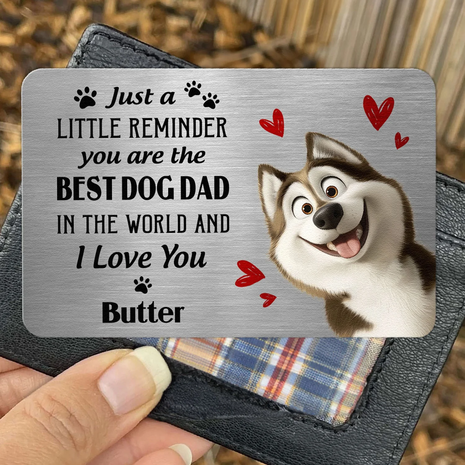 Customized Metal Wallet Card for Dog Dads – A Special Gift for Dog Lovers with Heartwarming Message and Husky Image - Image 5