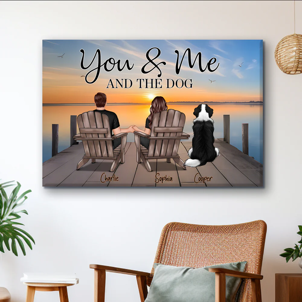 Couple with Pets on the Beach, Poster, Canvas, Keychain, Plaque, and Ornament, Perfect Gift for Her and Dog Loves