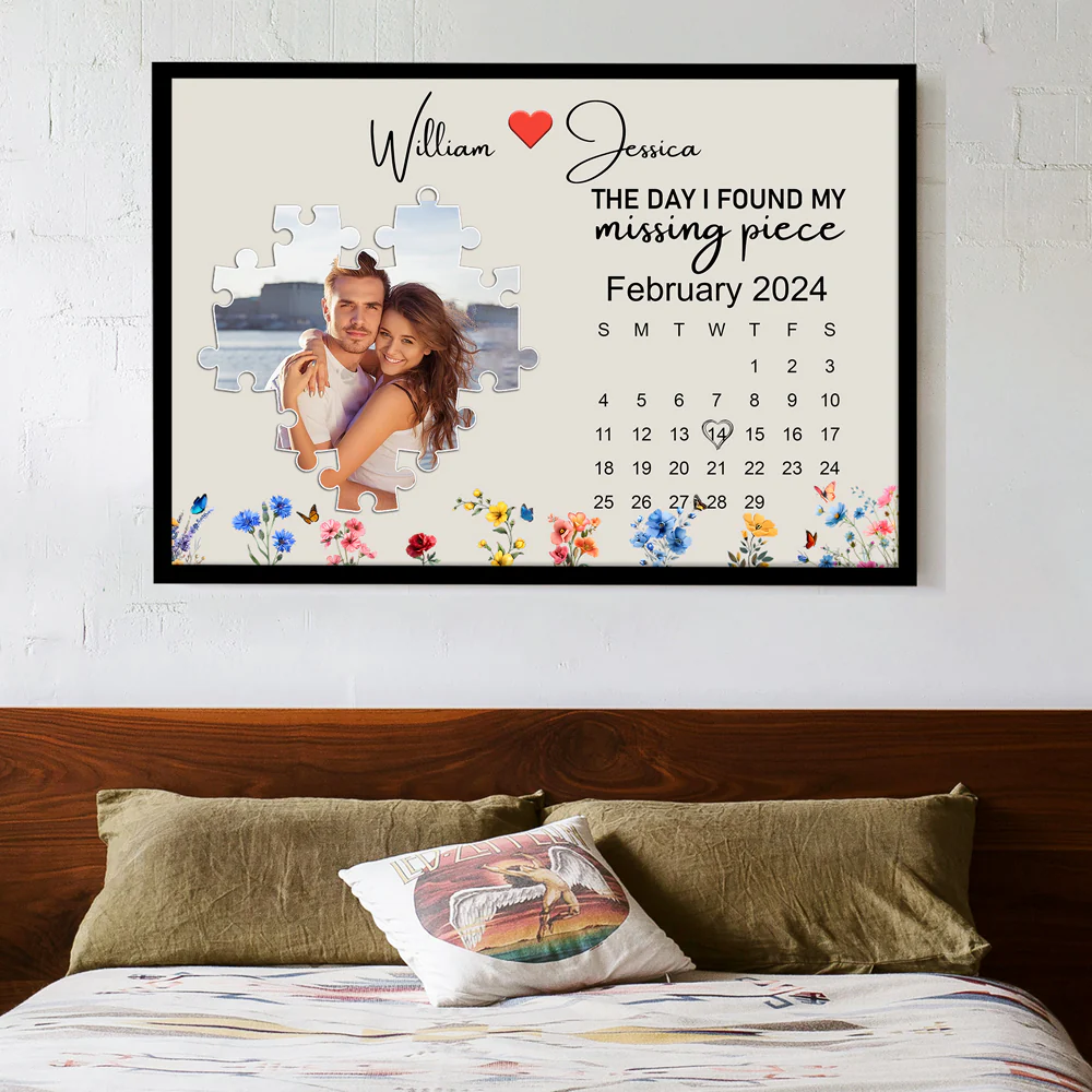 The Day I Found My Missing Piece – Customizable Couple's Poster, Gift for lover, with Puzzle Heart, Calendar, and Floral Details - Image 2